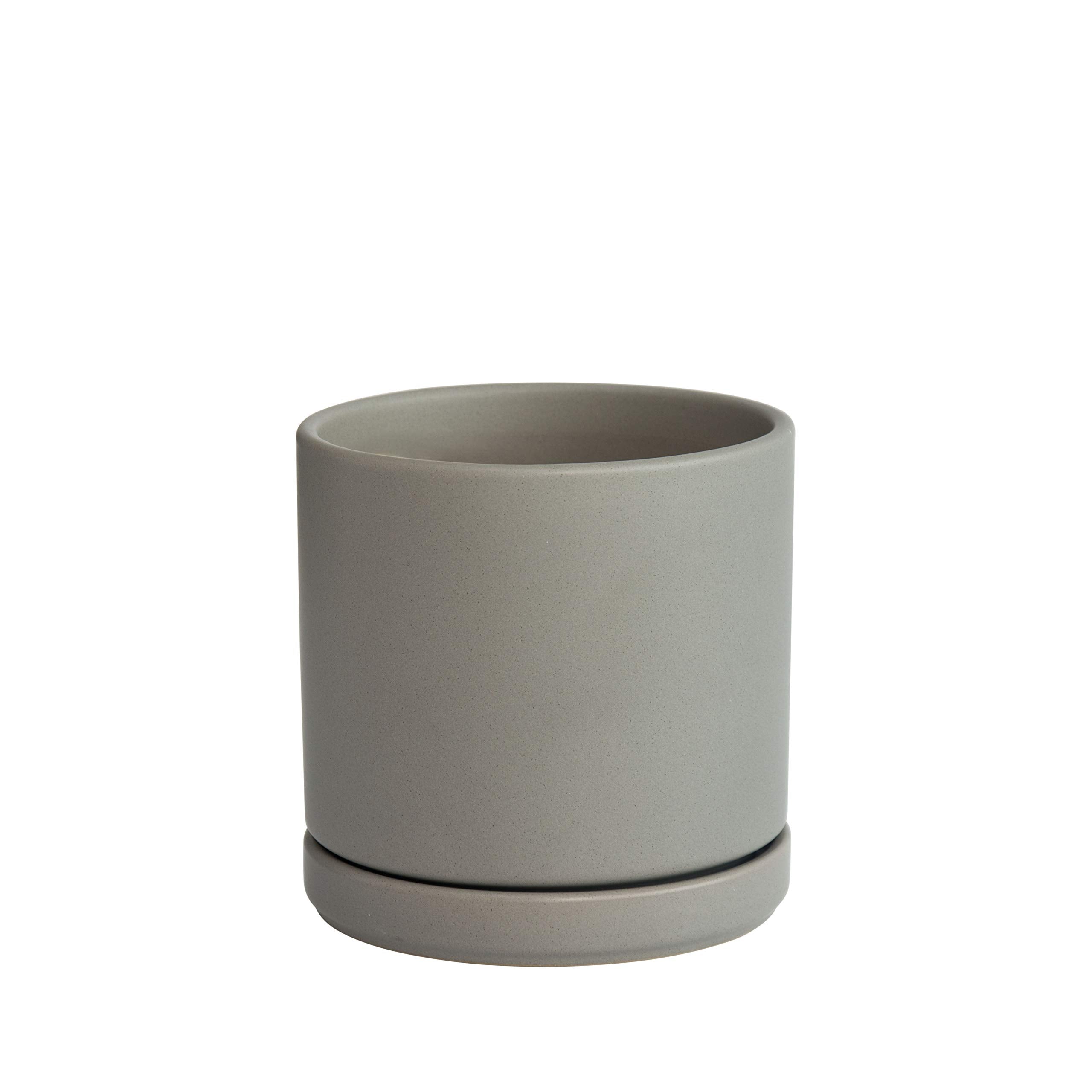 D'vine Dev 10 Inch Ceramic Planter Pot with Drainage Hole and Saucer, Indoor Cylinder Round Planter Pot, White, 94-O-E-1