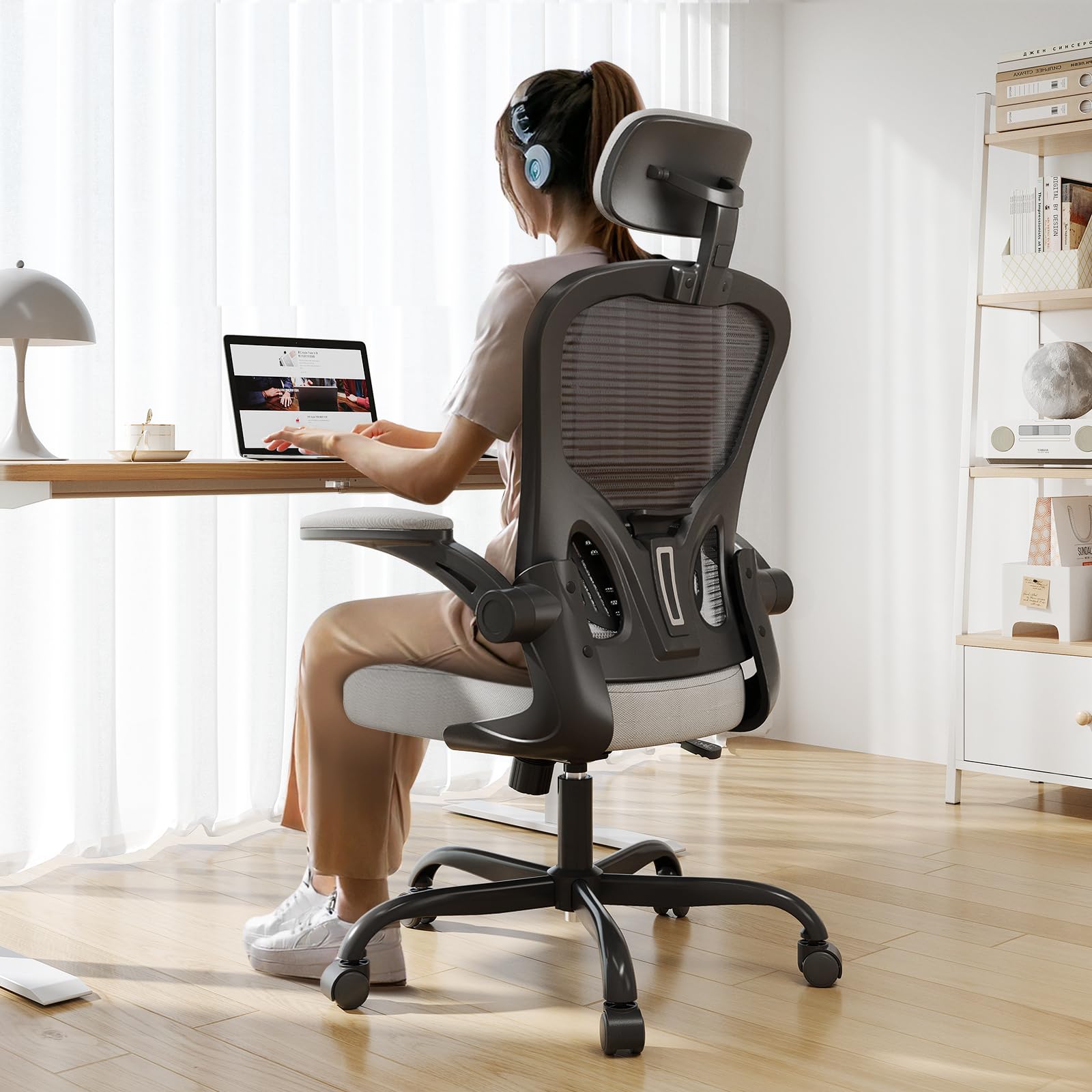 Office Chair Ergonomic Desk Chair, 330LBS Capacity, High Back Computer Chair for Long Hours Comfortable, Rolling Swivel Executive Task Chair for Home Office with Flip-up Armrests, Black