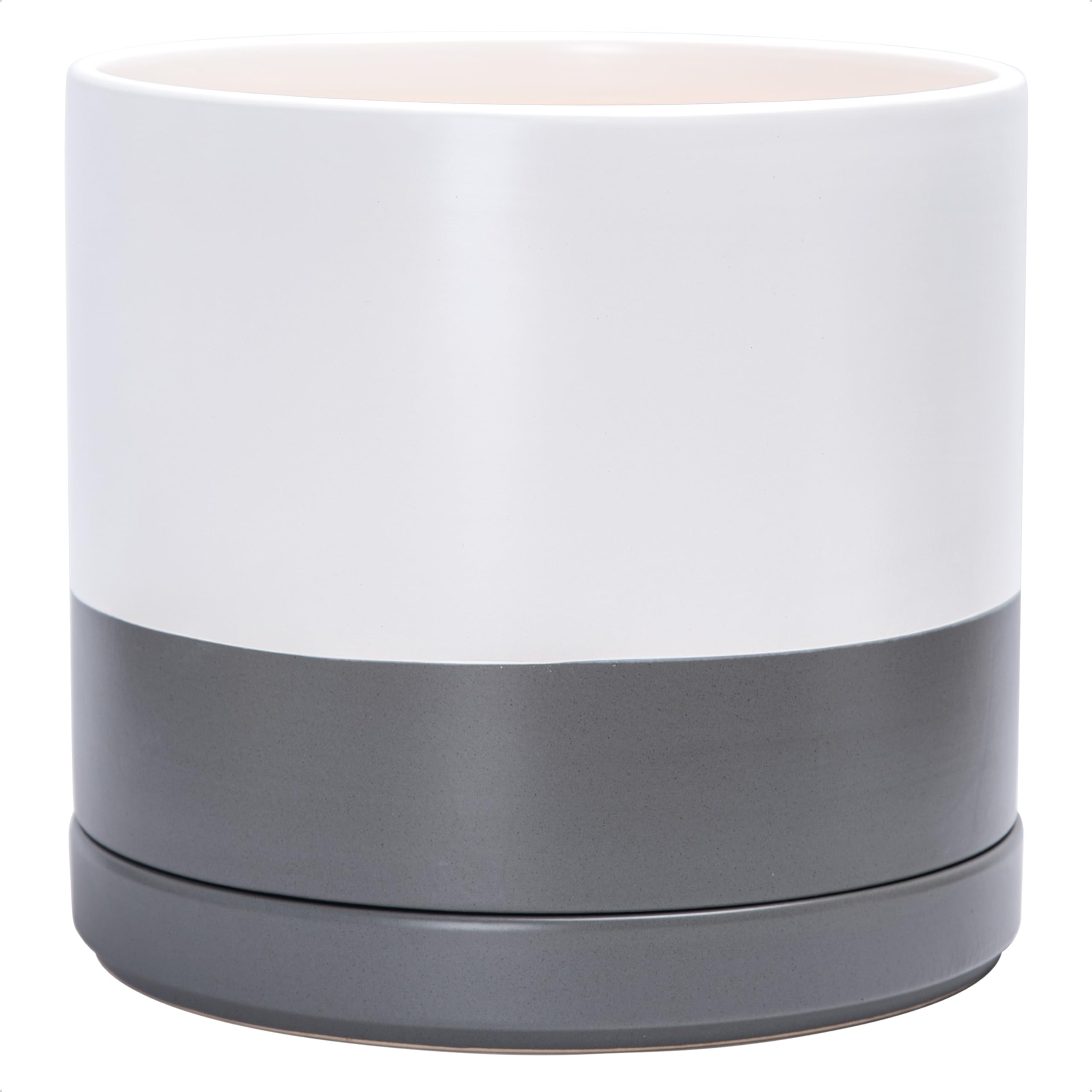 D'vine Dev 10 Inch Ceramic Planter Pot with Drainage Hole and Saucer, Indoor Cylinder Round Planter Pot, White, 94-O-E-1