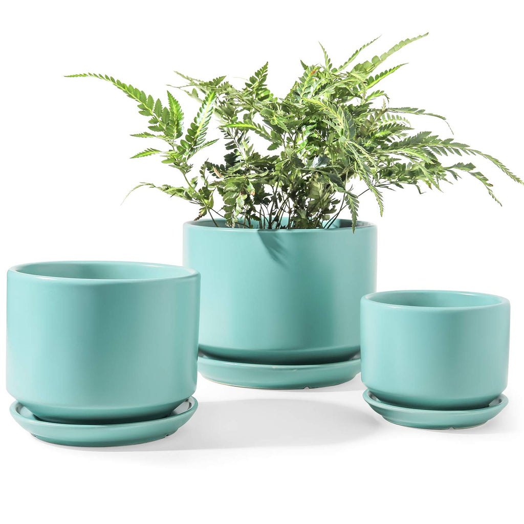 LE TAUCI Ceramic Plant Pots, 4.3+5.3+6.8 inch, Set of 3, Planters with Drainage Hole and Saucer, Indoor Flower Pot with Hole Mesh Pad, Gifts for Mom, Reactive Glaze Beige