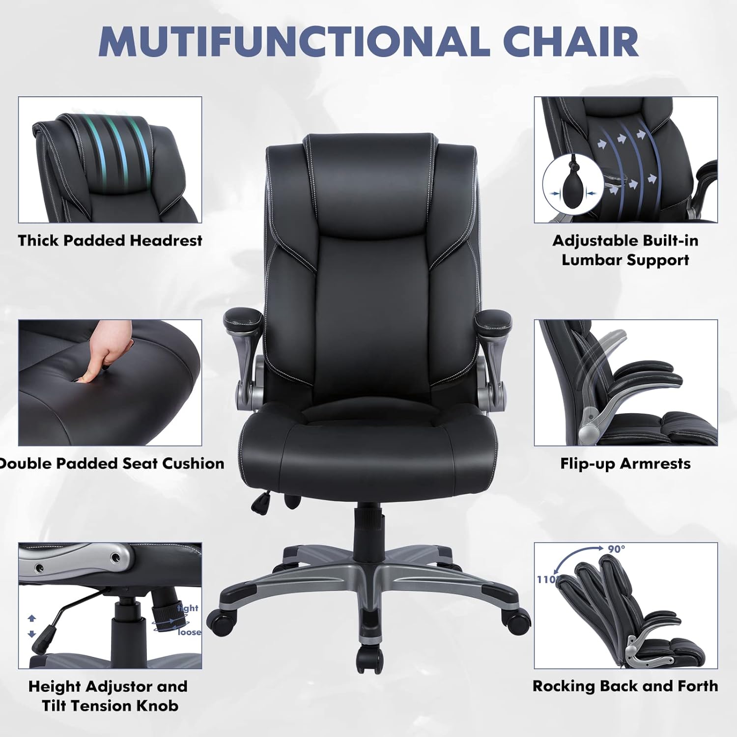 COLAMY High Back Executive Office Chair - Padded Leather Ergonomic Computer Desk Chair with Inflatable Lumbar Support & Flip-Up Arms, Adjustable Tilt Lock Swivel Task Chair for Home Office, Black