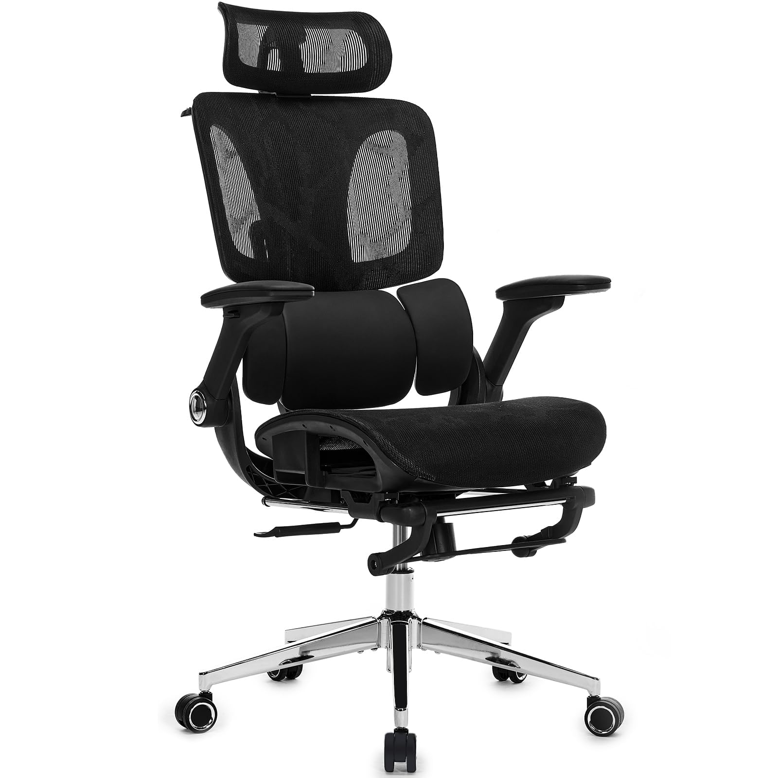 Ergonomic Mesh Office Chair with Footrest, High Back Desk Chair with 4D Armrests, 3-Zone Dynamic Lumbar Support, Ergonomic Office Chair with Wheels (Silver Gray)