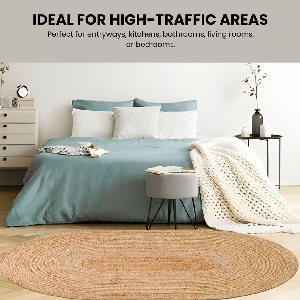 Hand Woven Braided Jute Area Rug 4x6 Feet Oval - Rustic Farmhouse Boho Accent Rug for Living Room Bedroom Kitchen Entryway Floor Mats - Ideal for High Traffic Areas 100% Natural Jute