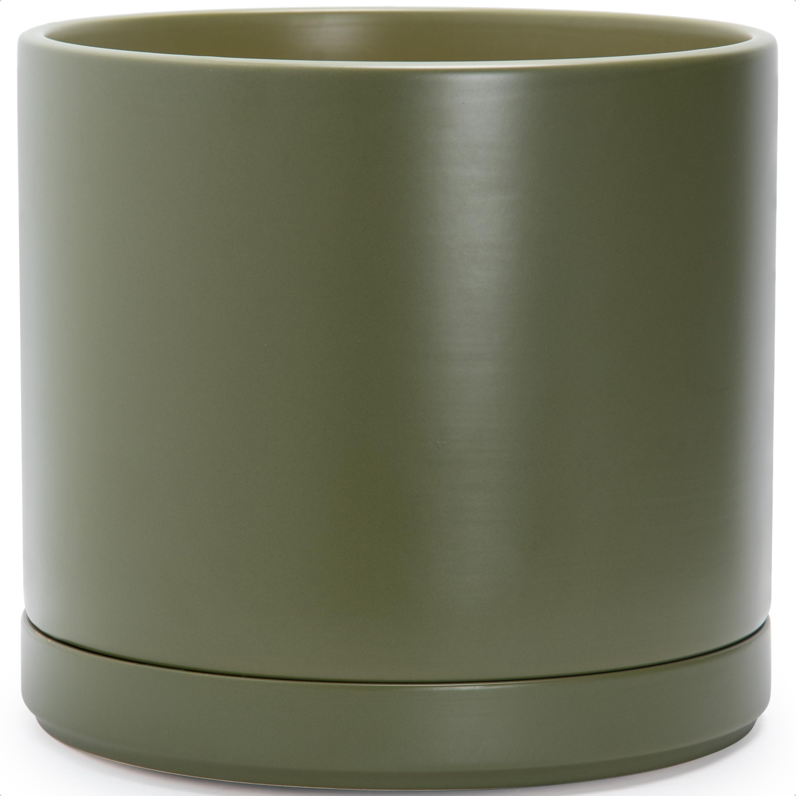 D'vine Dev 10 Inch Ceramic Planter Pot with Drainage Hole and Saucer, Indoor Cylinder Round Planter Pot, White, 94-O-E-1