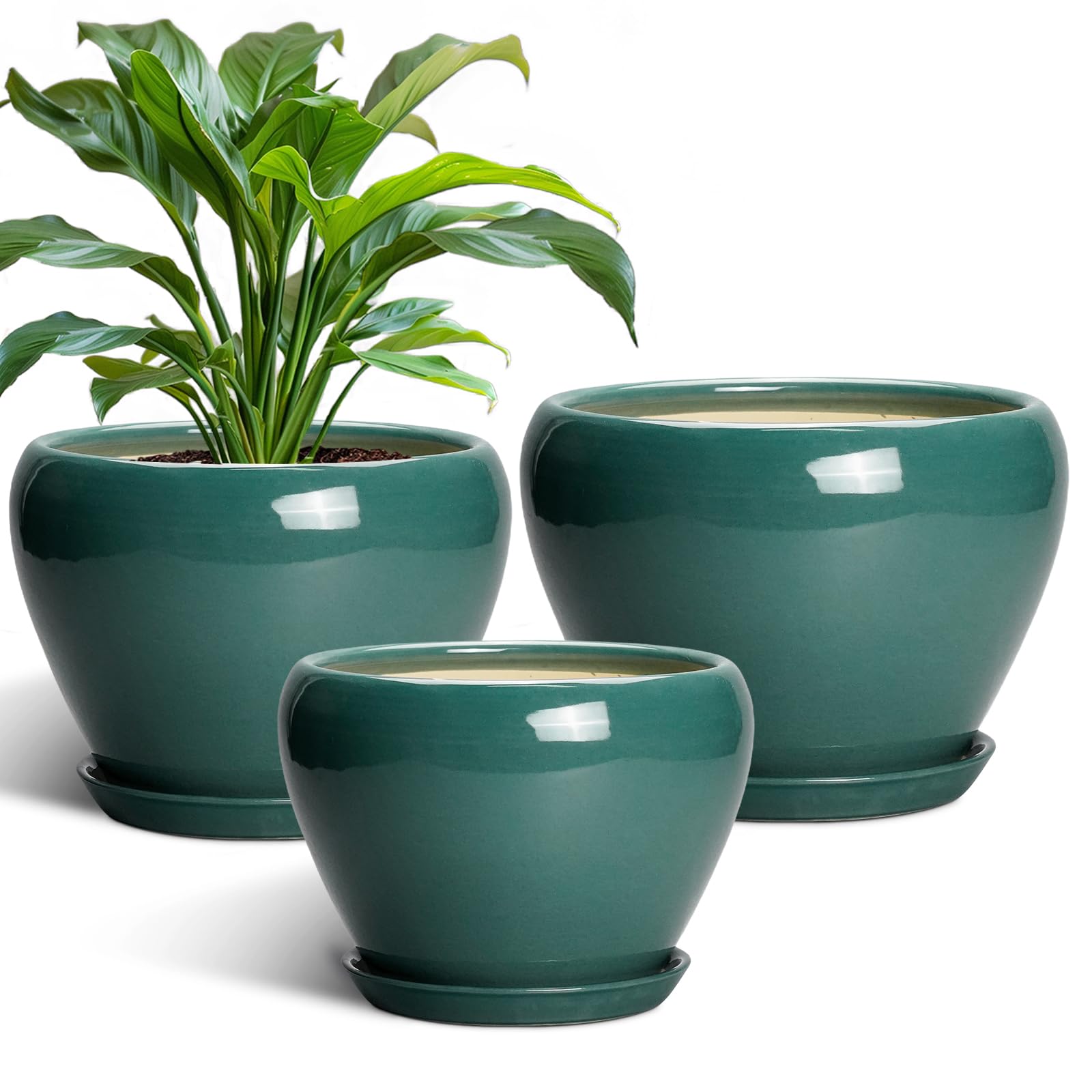 Ceramic Plant Pots Indoor, 10 Inch 8 Inch 6 Inch Round Planters Pots for Indoor Outdoor Plants, Modern Large Flower Pots with Drainage Holes and Saucers, Set of 3, Blue