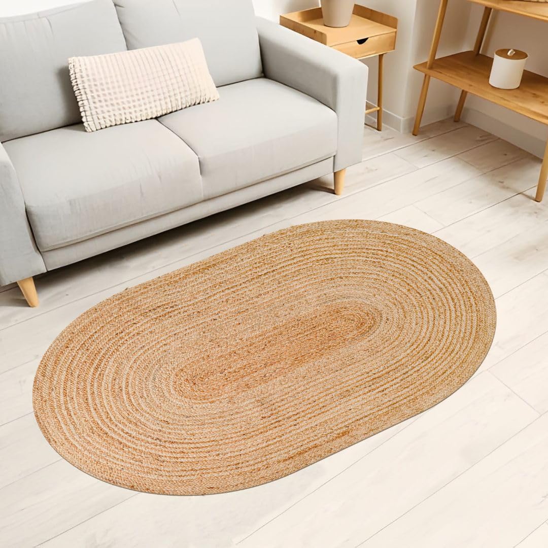 Hand Woven Braided Jute Area Rug 4x6 Feet Oval - Rustic Farmhouse Boho Accent Rug for Living Room Bedroom Kitchen Entryway Floor Mats - Ideal for High Traffic Areas 100% Natural Jute