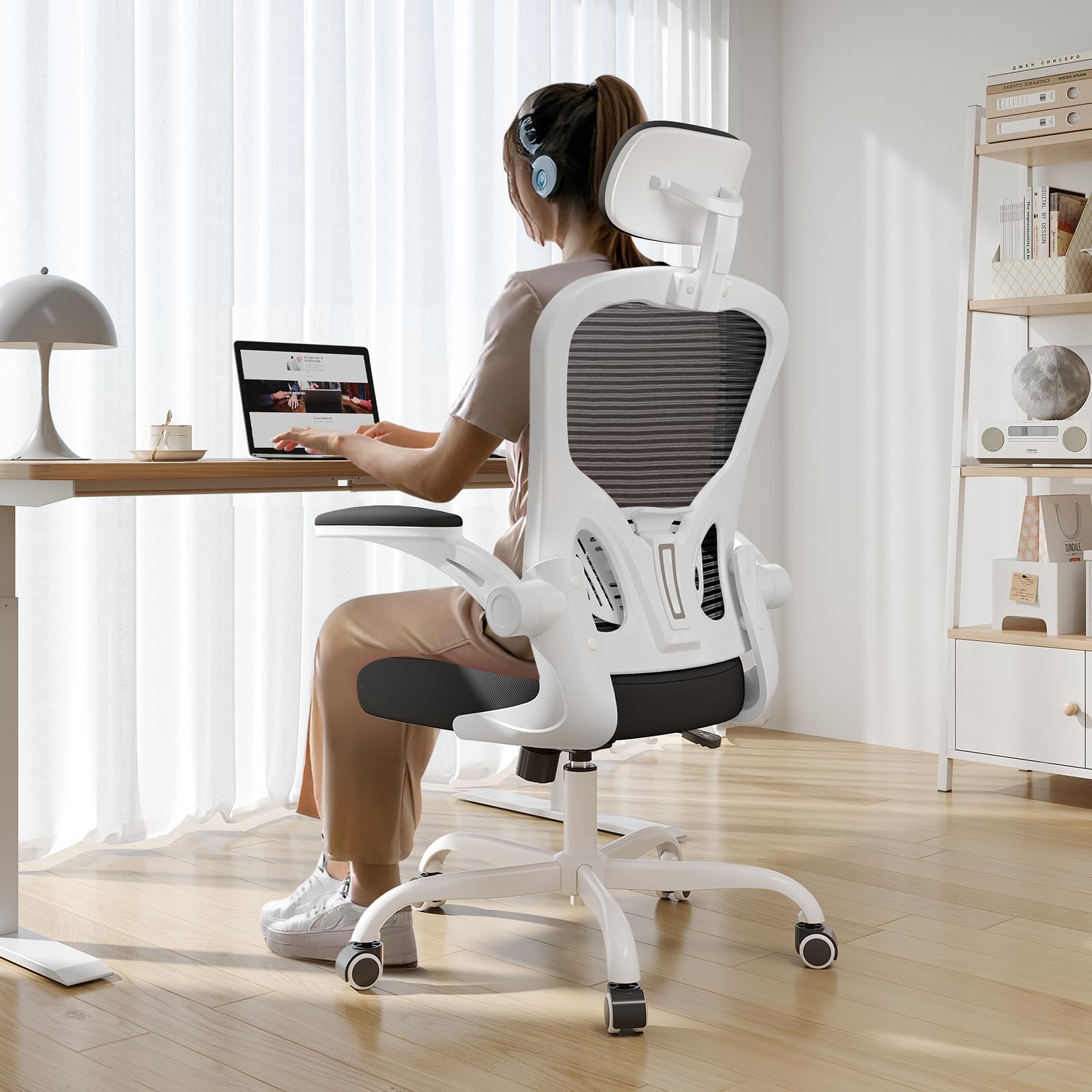 Office Chair Ergonomic Desk Chair, 330LBS Capacity, High Back Computer Chair for Long Hours Comfortable, Rolling Swivel Executive Task Chair for Home Office with Flip-up Armrests, Black