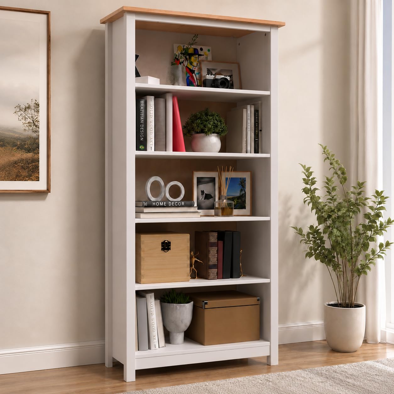 From the Tree Furniture 63" Solid Pine Shaker Bookcase — Narrow 14" Depth with 4 Adjustable Shelves — Holds 50 lbs Per Shelf — Anti-Tip Anchor Included — Real Wood Bookshelf for Home, Office & Kids