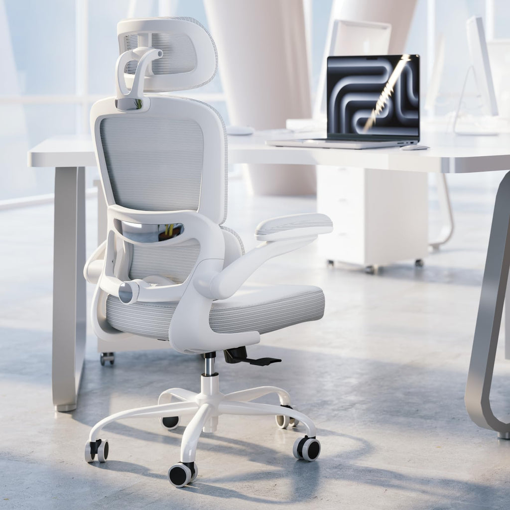 TRALT Ergonomic Office Chair - Desk Chair with Adjustable Headrest Lumbar Support Computer Chair - Mesh Comfy Chair with Flip-up Armrests - Gaming Chairs for Adults Home Office (Leather, Black)