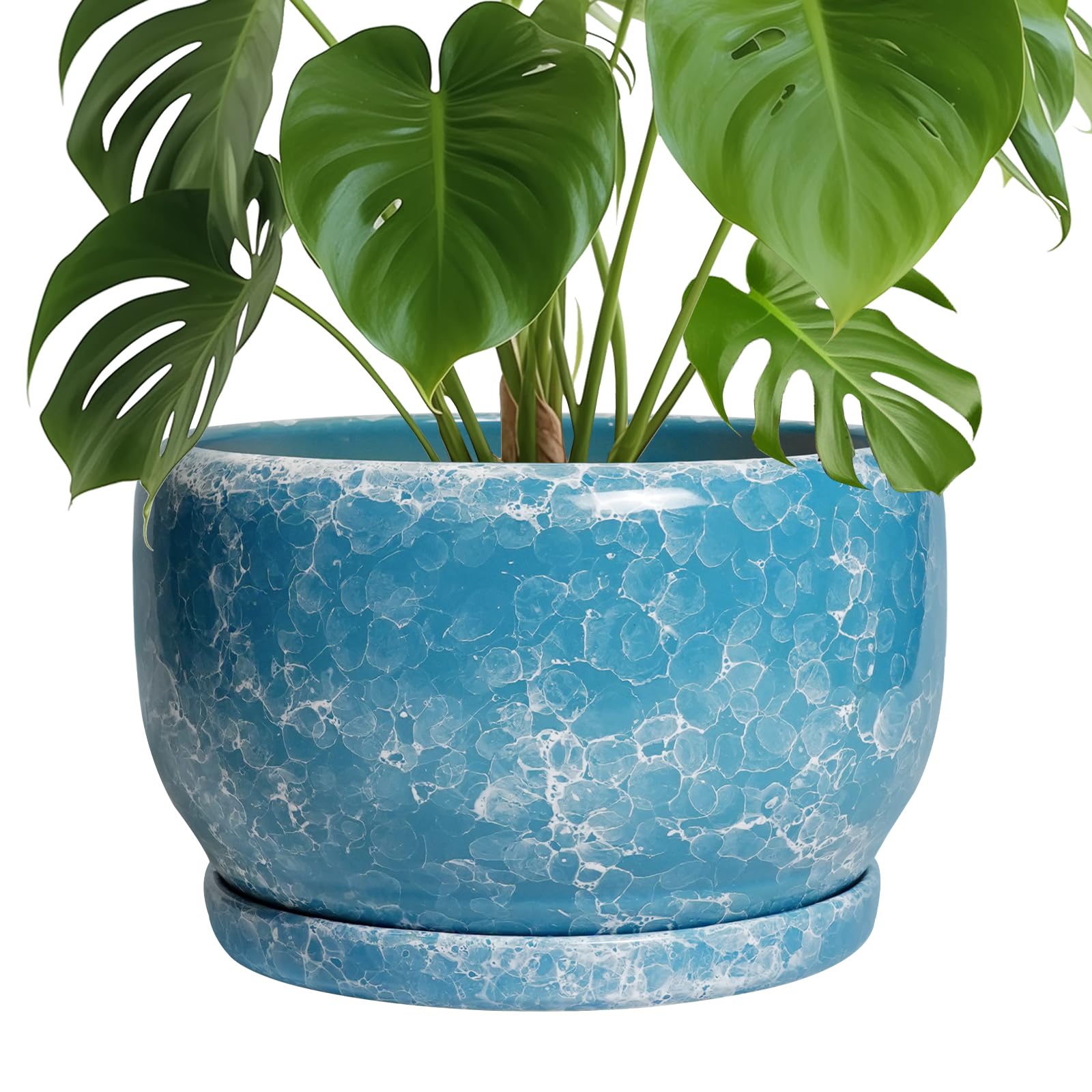 SQOWL Ceramic Planter 8 Inch - Pot for Indoor Outdoor Plants Round Ceramic Plant Pot with Drainage Hole and Saucer Modern Flower Pot Glazed Blue
