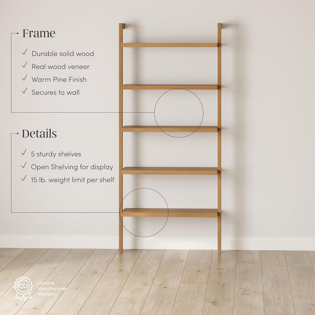Nathan James Beacon Bohemian 5 Tier Bookshelf, Wall Mounted Bookcase, Solid Wood Bookshelf in Warm Pine