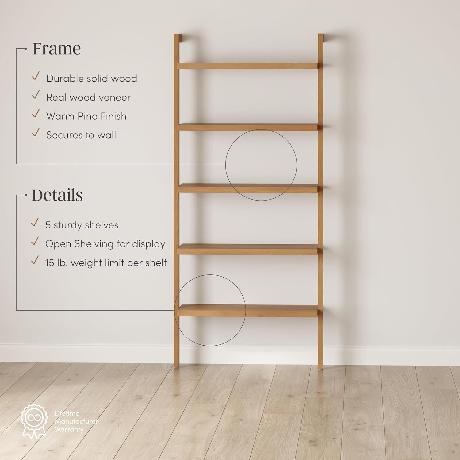 Nathan James Beacon Bohemian 5 Tier Bookshelf, Wall Mounted Bookcase, Solid Wood Bookshelf in Warm Pine