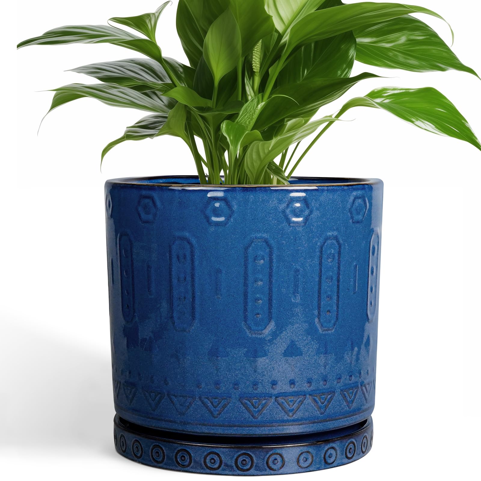 Eightpot 12 Inch Pot for Plants - Ceramic Planter for Indoor Plants Large Plant Pot with Drainage Holes and Saucer Outdoor Flower Pot Decorative Round Planter for Porch Office Decor Blue