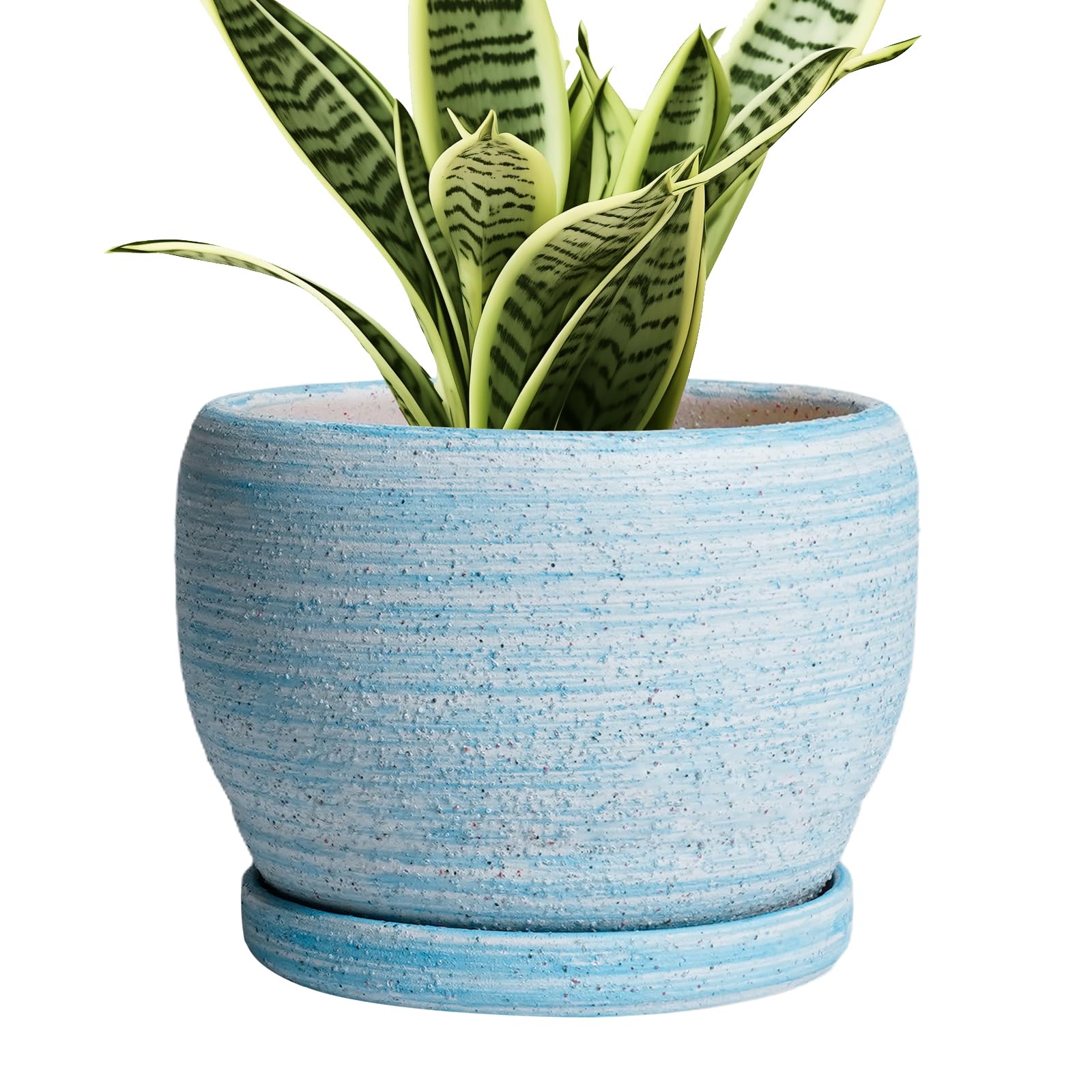 SQOWL Ceramic Planter 8 Inch - Pot for Indoor Outdoor Plants Round Ceramic Plant Pot with Drainage Hole and Saucer Modern Flower Pot Glazed Blue