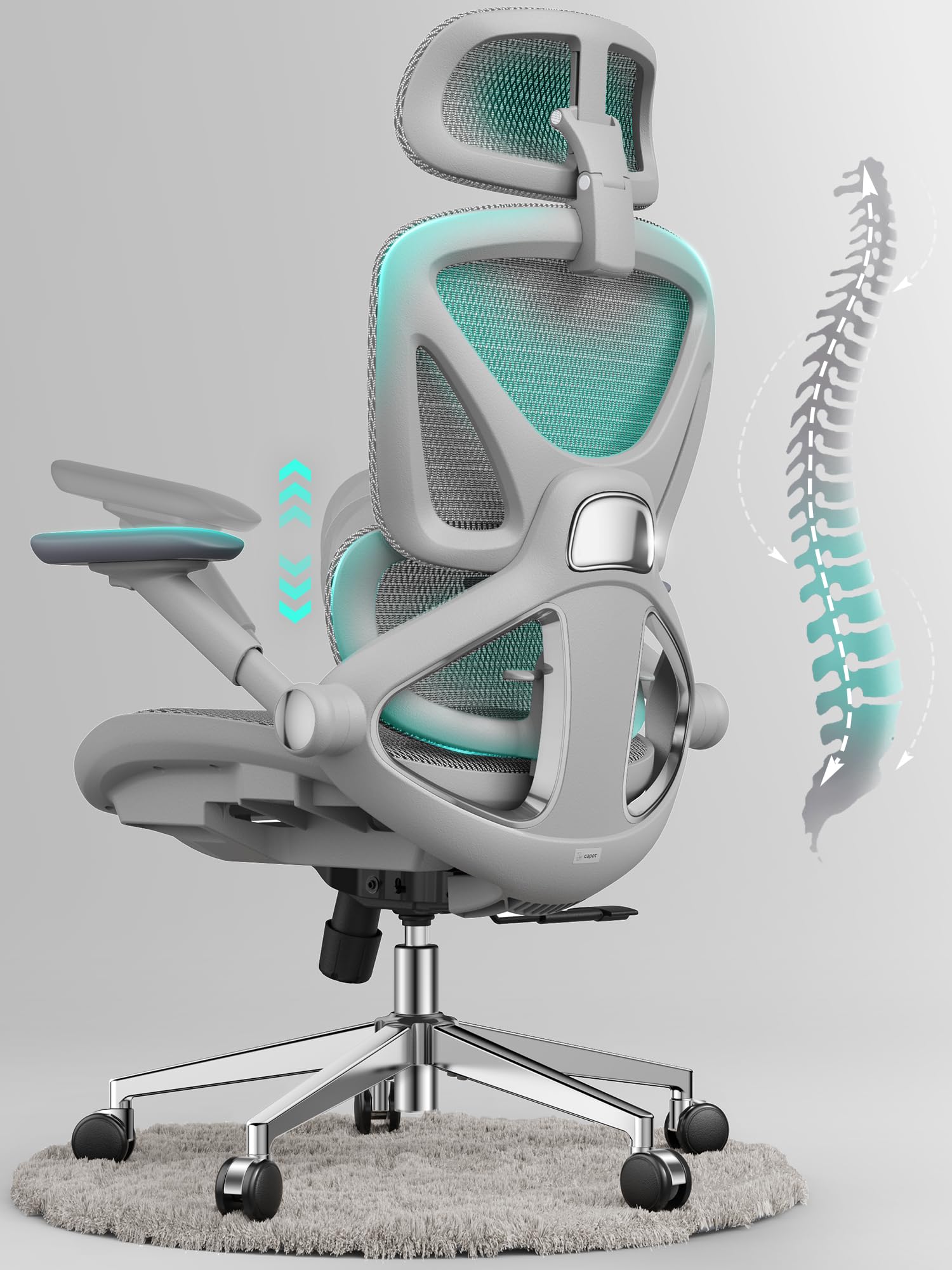 CAPOT Ergonomic Mesh Office Chair, Adjustable Lumbar High Back Desk Chair 400lbs, 4D Flip-up Arms, 3-Level Tilt Backrest, 3D Headrest, PU Wheels, Swivel Rolling Computer Seating for Long Desk Work
