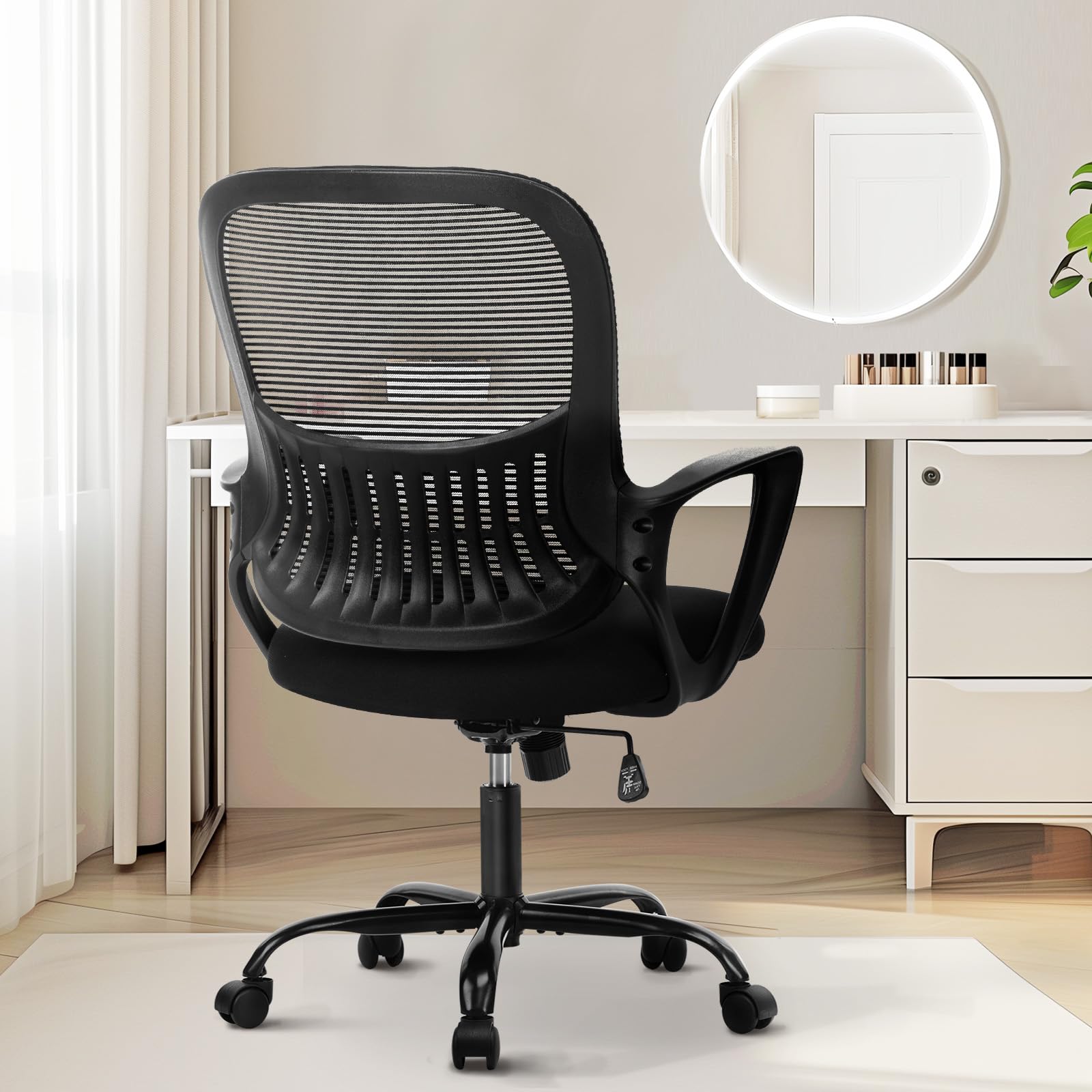 Sweetcrispy Office Computer Desk Chair, Ergonomic Mid-Back Mesh Rolling Work Swivel Task Chairs with Wheels, Comfortable Lumbar Support, Comfy Flip-up Arms for Home, Bedroom, Study, Student, Black