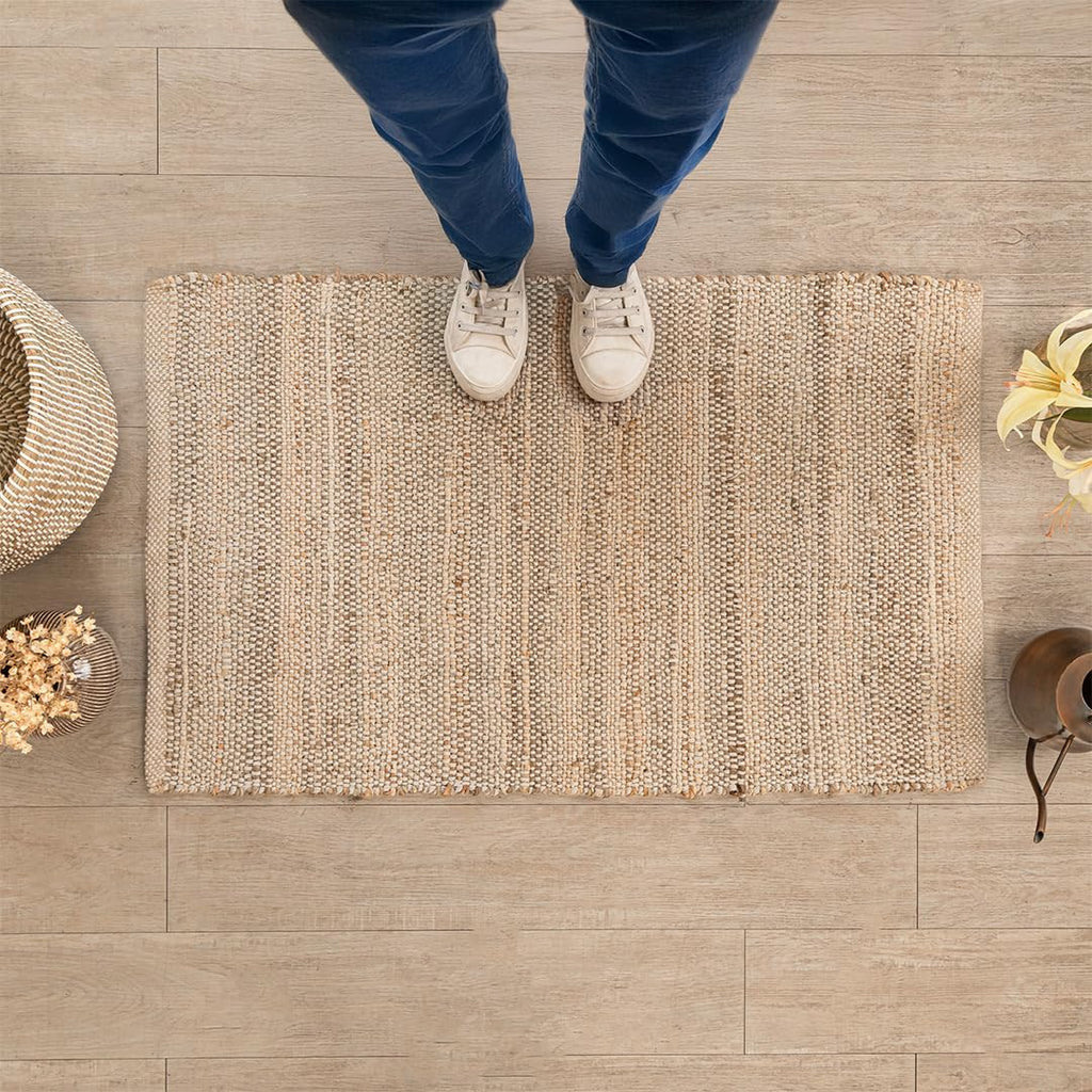 HOMEMONDE Jute Cotton Door Mat Hand Woven Rug 2 x 3 ft - Rectangle Natural Fiber Farmhouse Style Braided Rug for Entryway, Bedroom, Living Room, Hallway