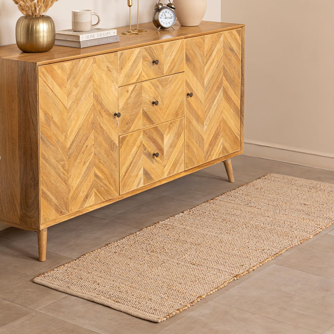 HOMEMONDE Jute Cotton Door Mat Hand Woven Rug 2 x 3 ft - Rectangle Natural Fiber Farmhouse Style Braided Rug for Entryway, Bedroom, Living Room, Hallway