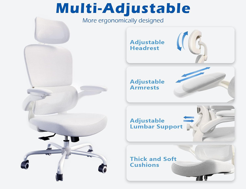 TRALT Ergonomic Office Chair - Desk Chair with Adjustable Headrest Lumbar Support Computer Chair - Mesh Comfy Chair with Flip-up Armrests - Gaming Chairs for Adults Home Office (Leather, White)