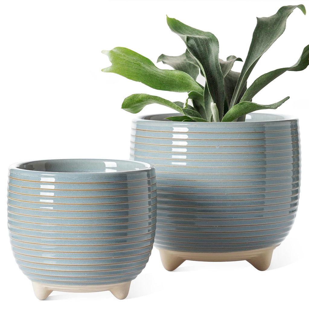 LE TAUCI Ceramic Plant Pots, 5.1 + 6.4 Inch Footed Pots for Plants, Modern Flower Pots for Home and Office, Indoor Planters with Drainage, Reactive Glaze White