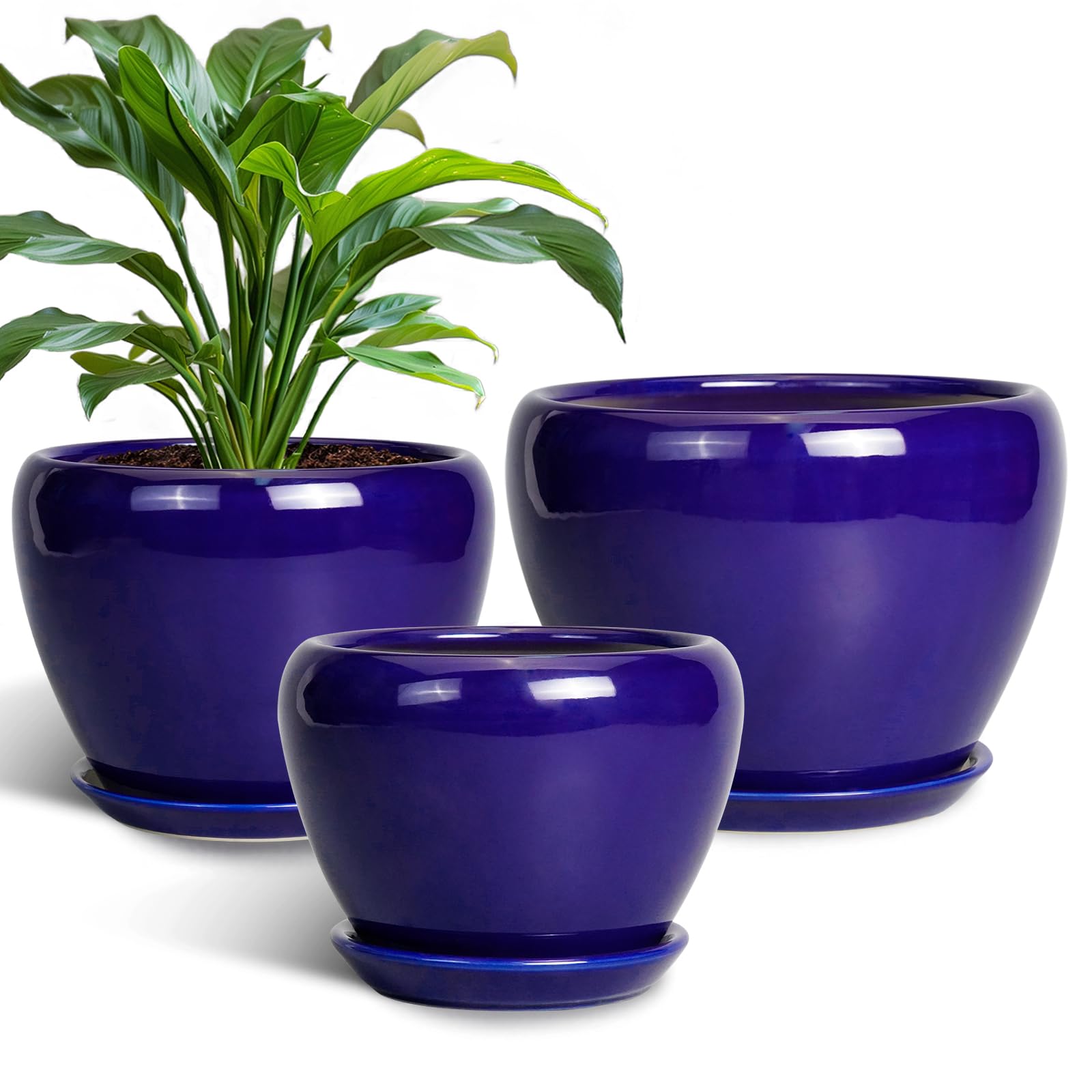 Ceramic Plant Pots Indoor, 10 Inch 8 Inch 6 Inch Round Planters Pots for Indoor Outdoor Plants, Modern Large Flower Pots with Drainage Holes and Saucers, Set of 3, Blue