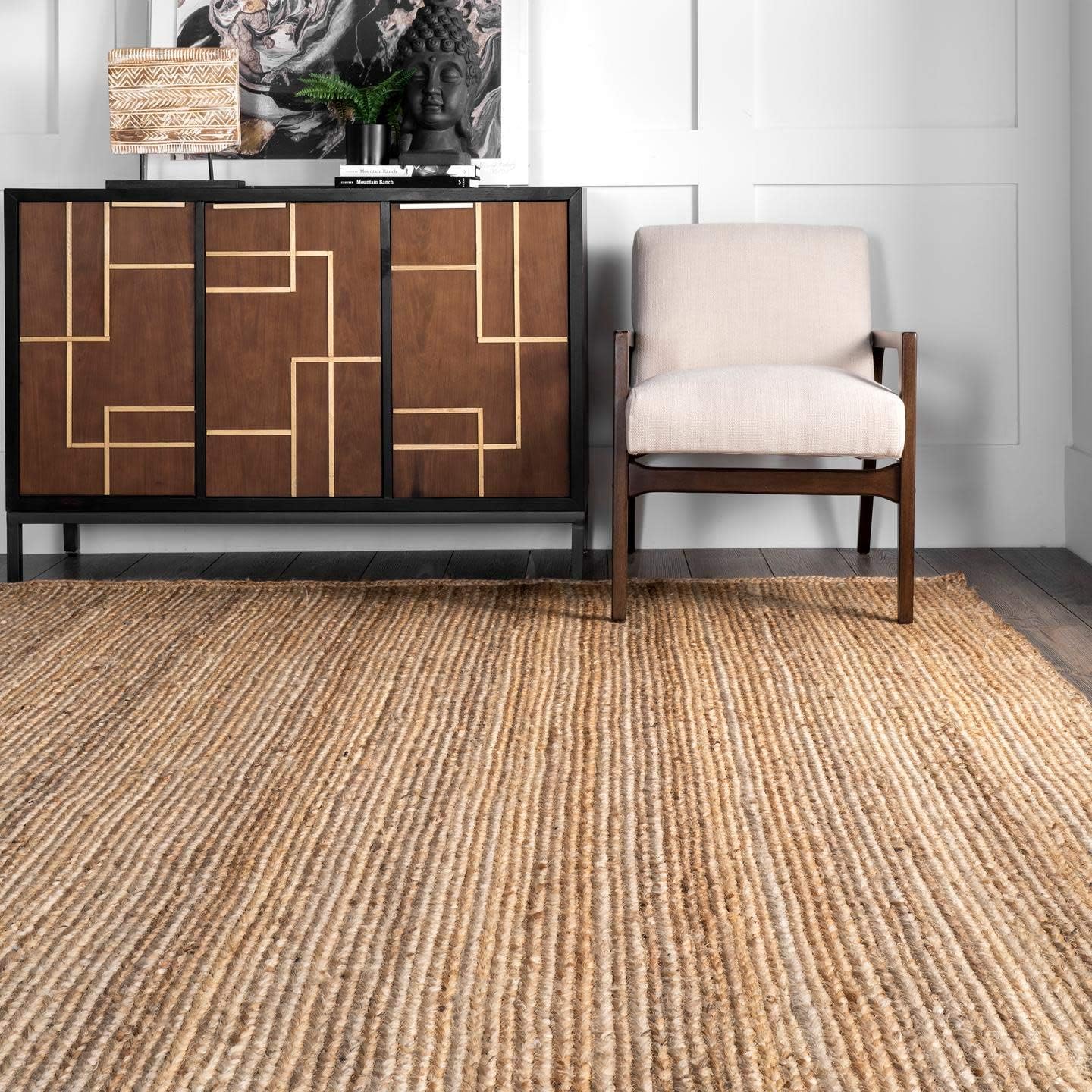 nuLOOM 6x9 Rigo Jute Hand Woven Area Rug, Natural, Solid Farmhouse Design, Natural Fiber, For Bedroom, Living Room, Dining Room, Hallway, Office, Kitchen, Entryway