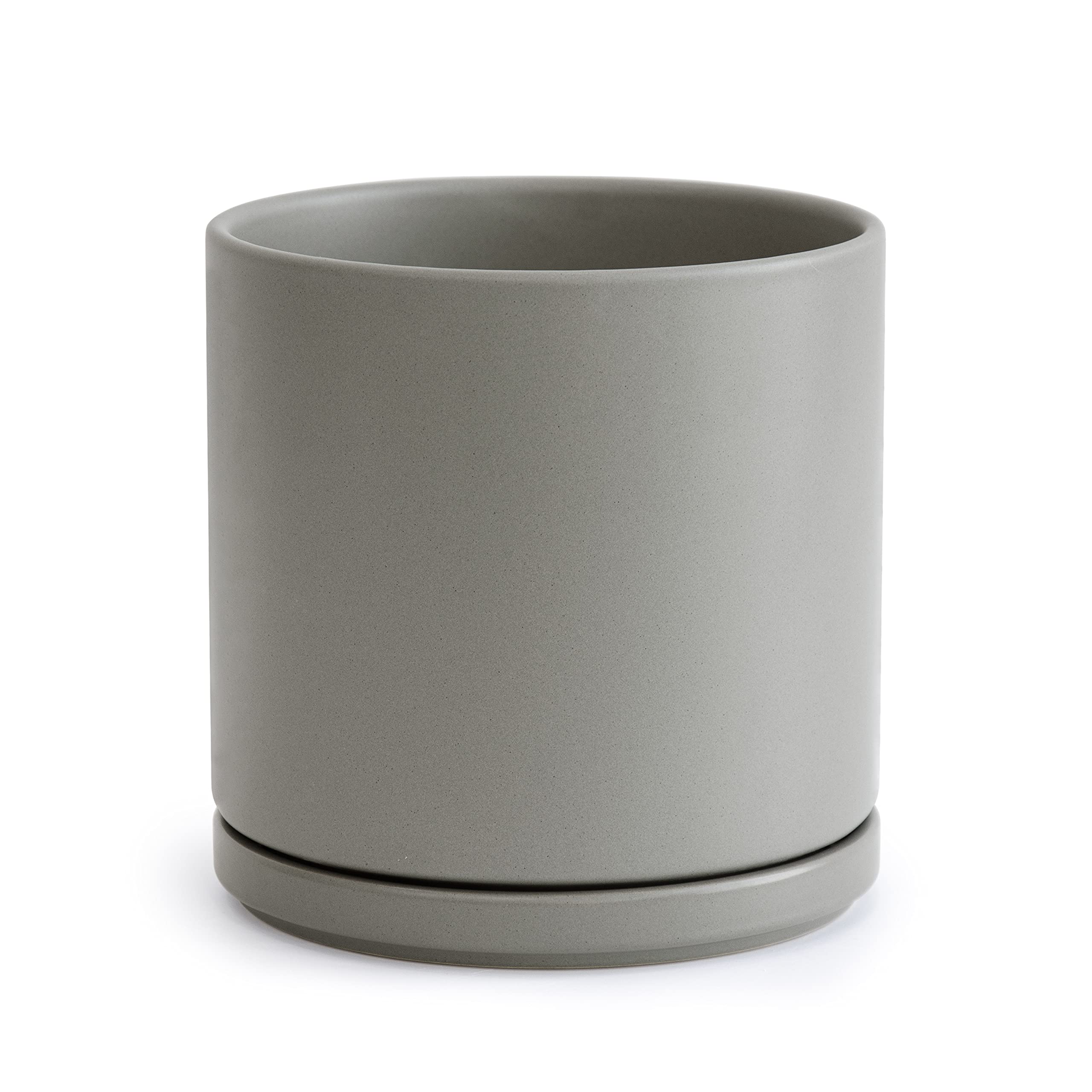 D'vine Dev 10 Inch Ceramic Planter Pot with Drainage Hole and Saucer, Indoor Cylinder Round Planter Pot, White, 94-O-E-1