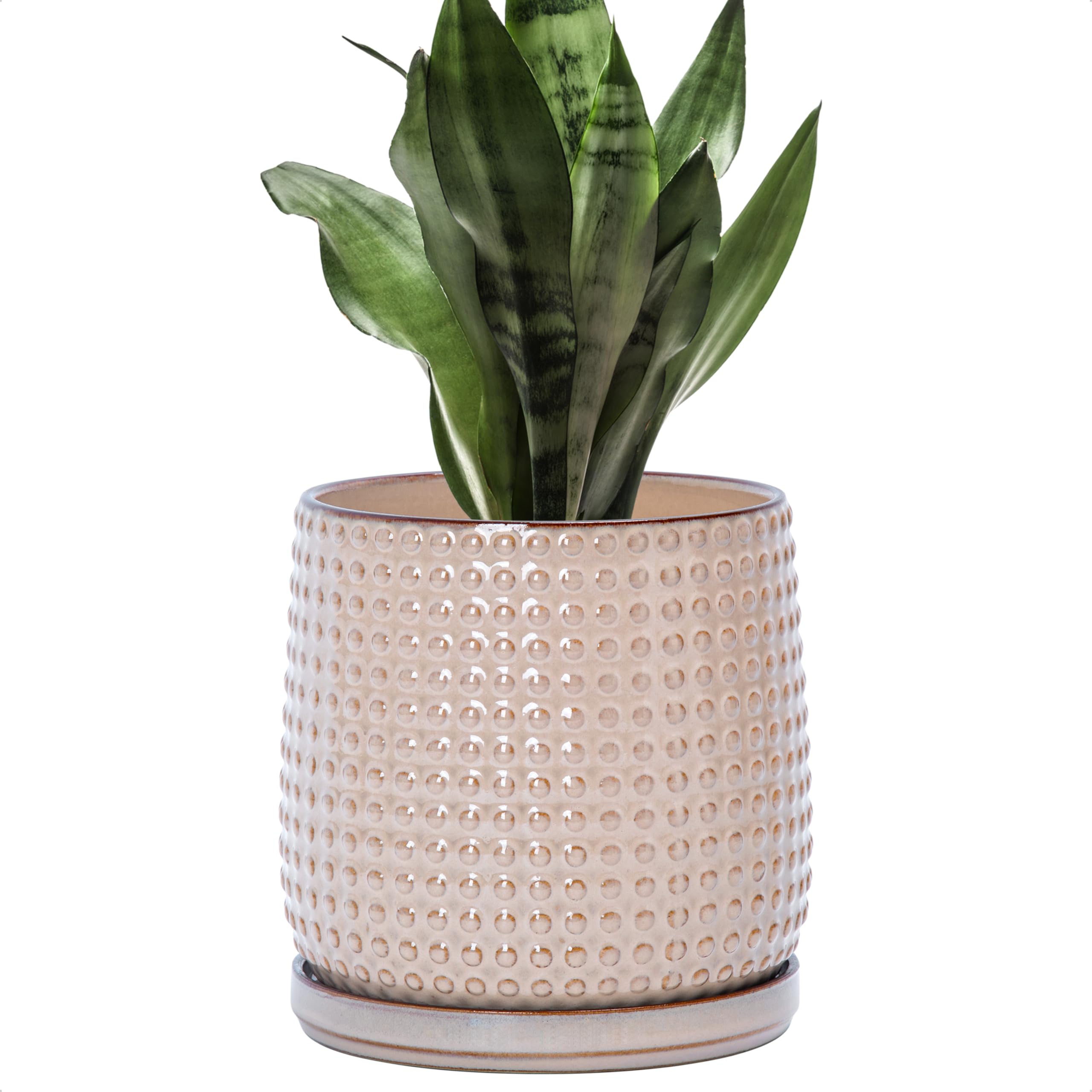 D'vine Dev 4 Inch Ceramic Beaded Stoneware Planter Pot - Flower Pot with Drainage Holes and Saucers for Indoor Succulent Plants or Flowers, Smoked White, 27-C-Z-1