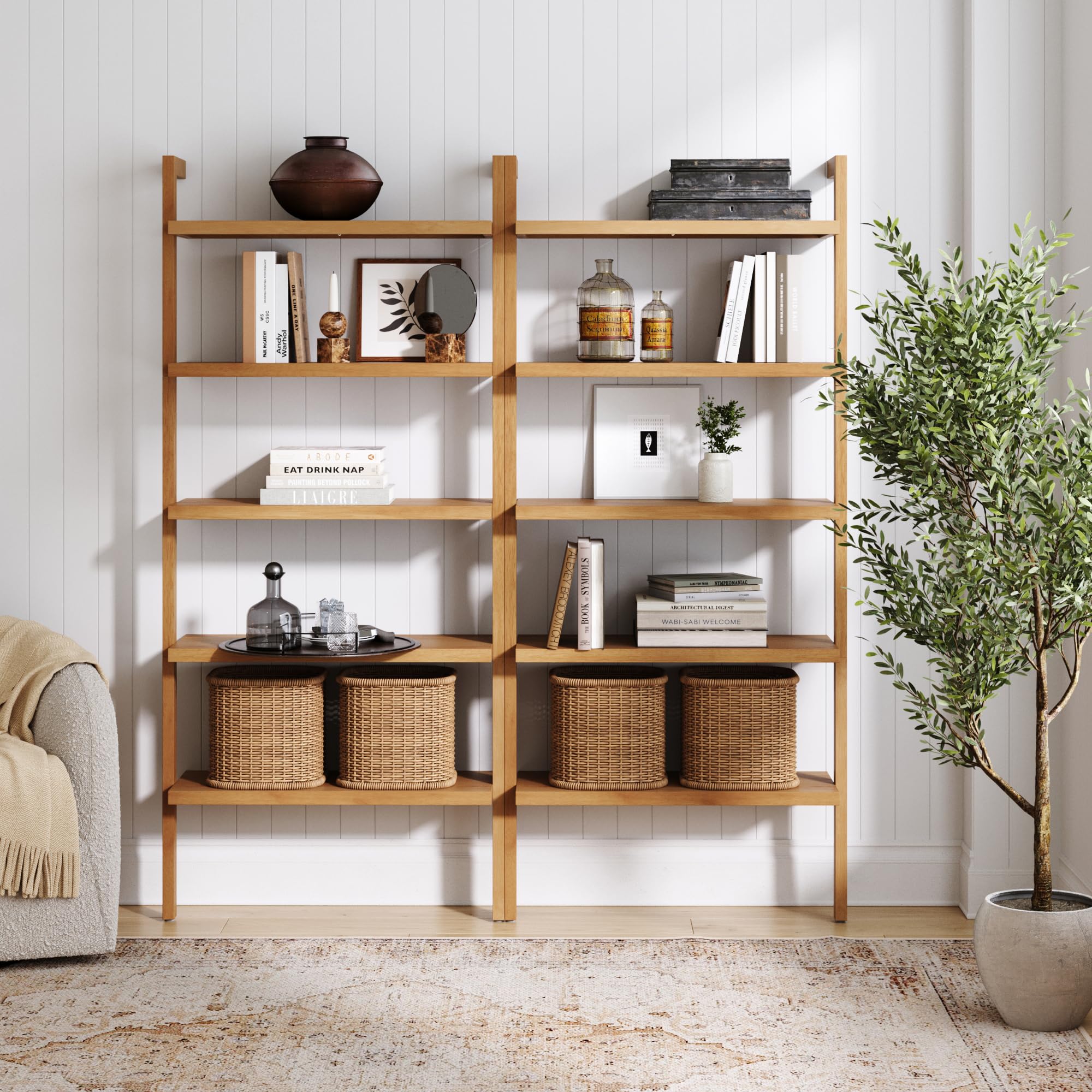 Nathan James Beacon Bohemian 5 Tier Bookshelf, Wall Mounted Bookcase, Solid Wood Bookshelf in Warm Pine