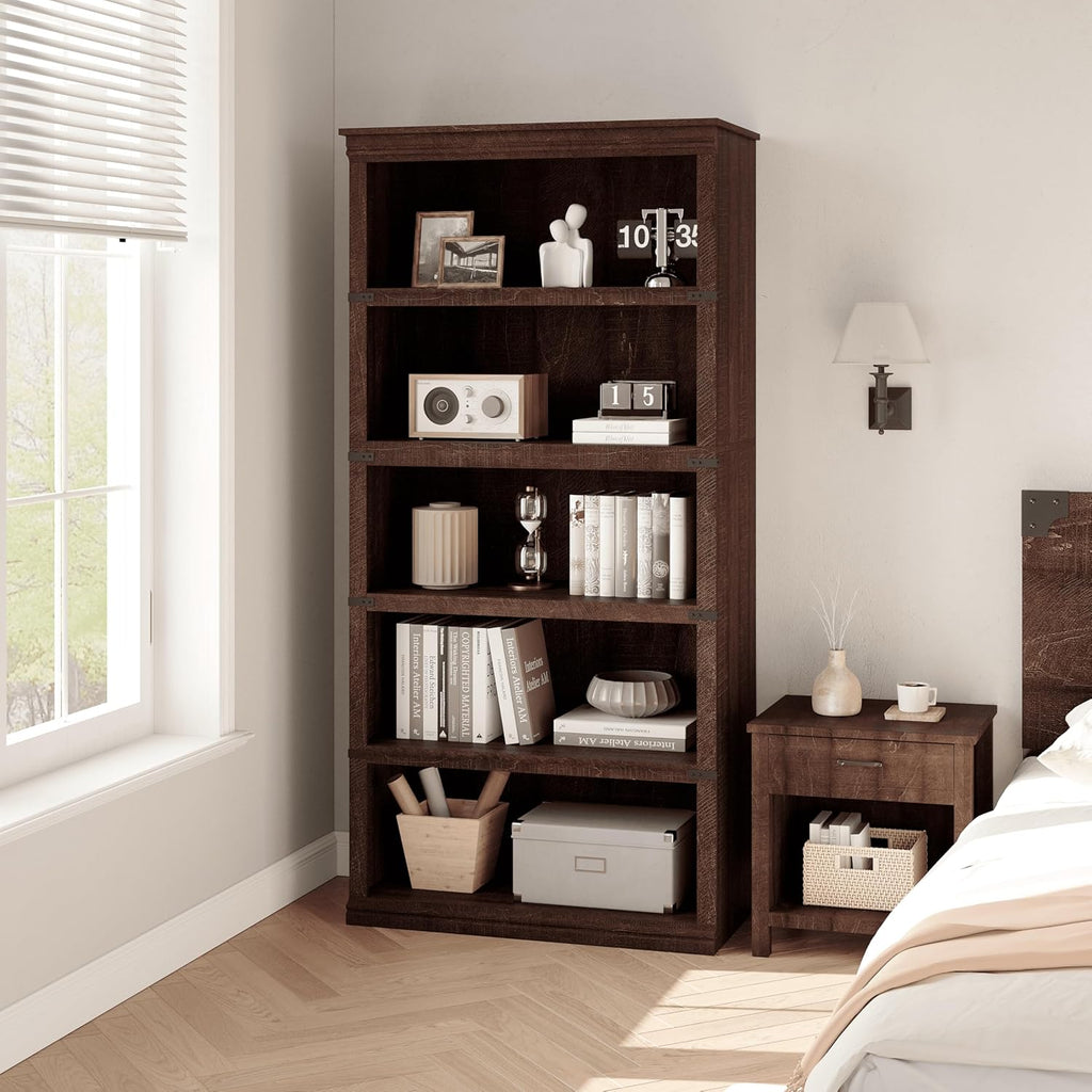 IDEALHOUSE 5 Tier Bookcase, Farmhouse Book Shelf with Storage Open Display Bookshelves, 67.4" Tall Book Case Wooden 5 Shelf Bookcase Home Decor Furniture for Home Office, Living Room- Reddish Brown