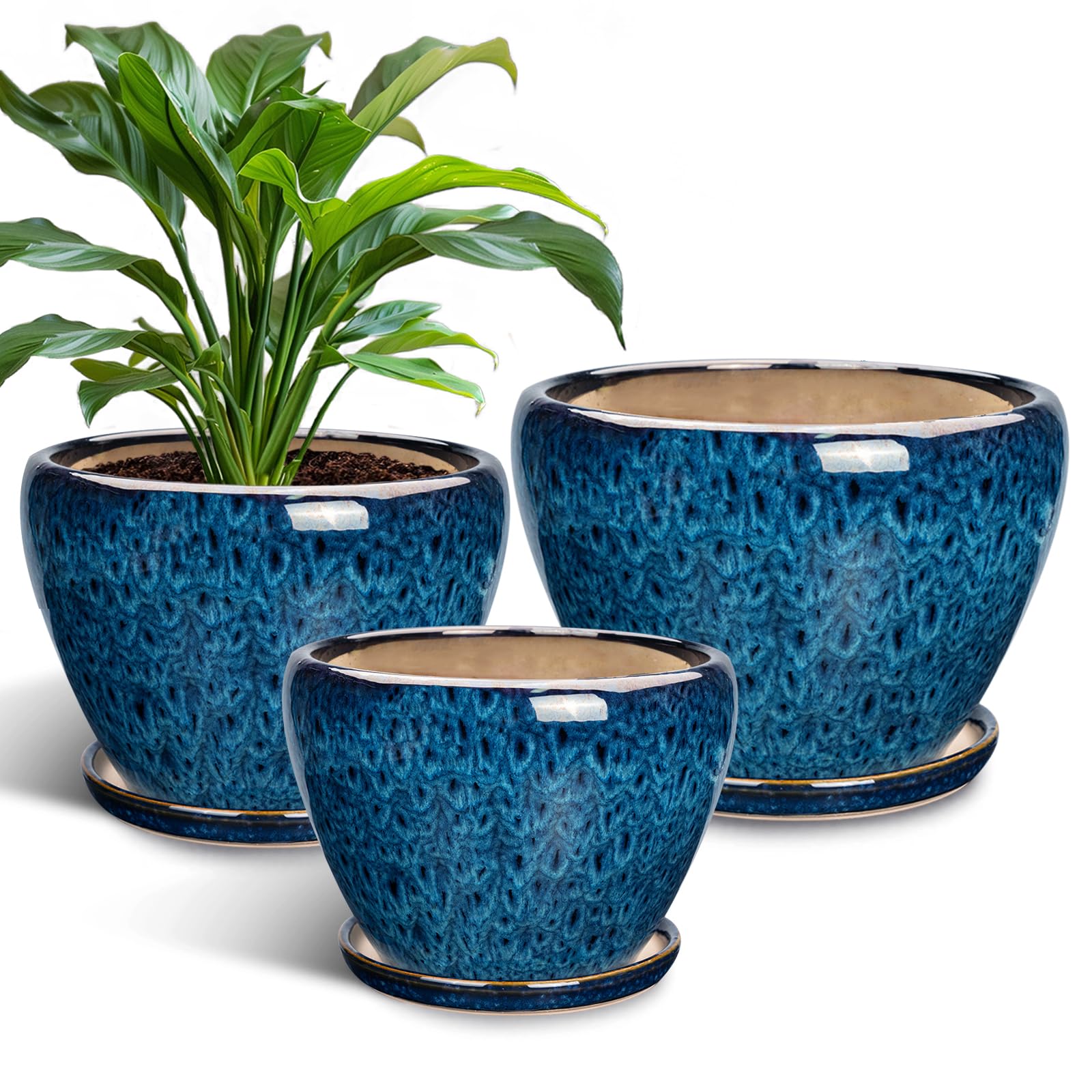 Ceramic Plant Pots Indoor, 10 Inch 8 Inch 6 Inch Round Planters Pots for Indoor Outdoor Plants, Modern Large Flower Pots with Drainage Holes and Saucers, Set of 3, Blue
