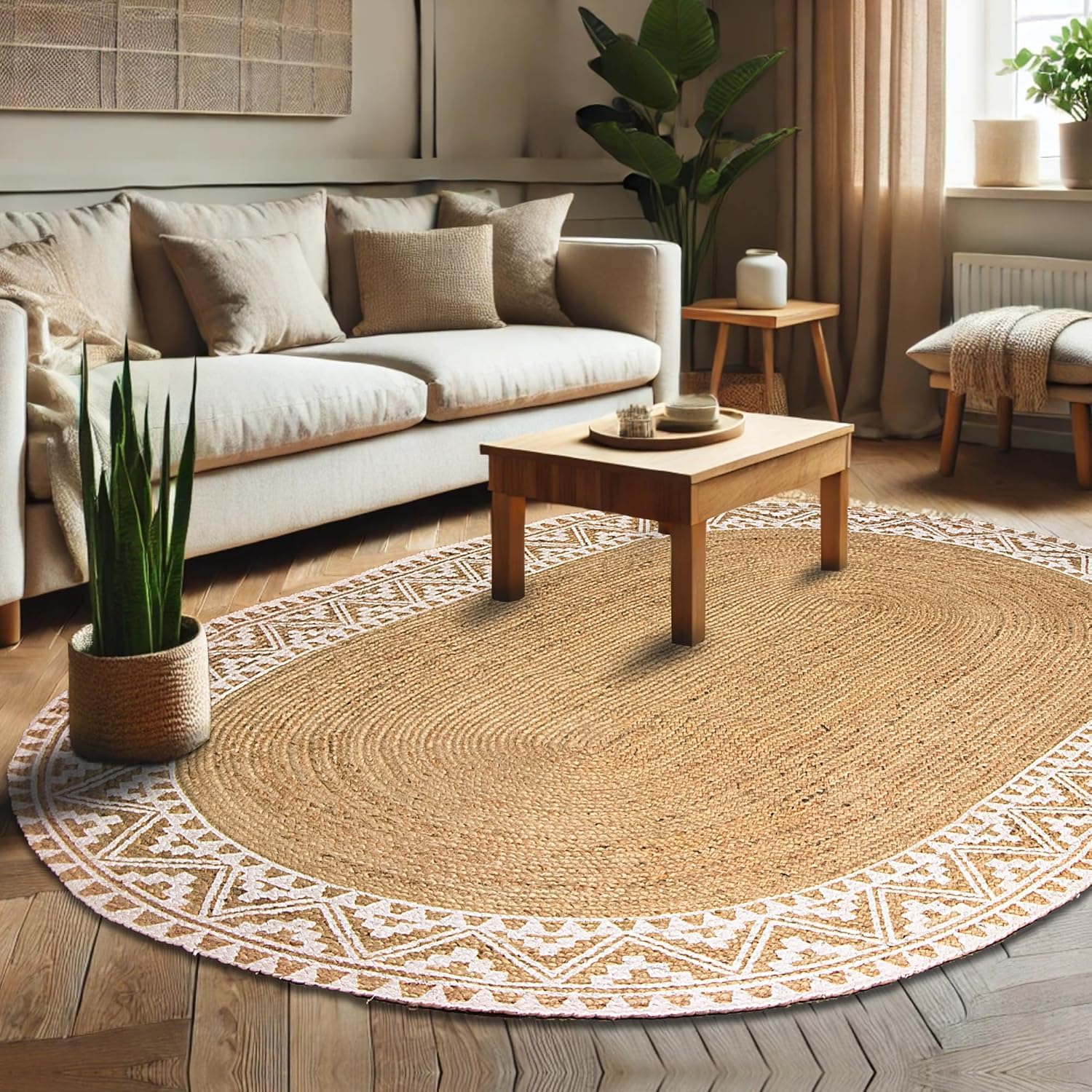 voyzz home 5X8 Feet-Rectangular, Premium Natural Jute High Traffic Braided Area Rug, Stain Resistance, Handmade Rug for Entryways,Living Room,Dining Room,Bedroom,Farmhouse (Natural & Grey & Ivory)