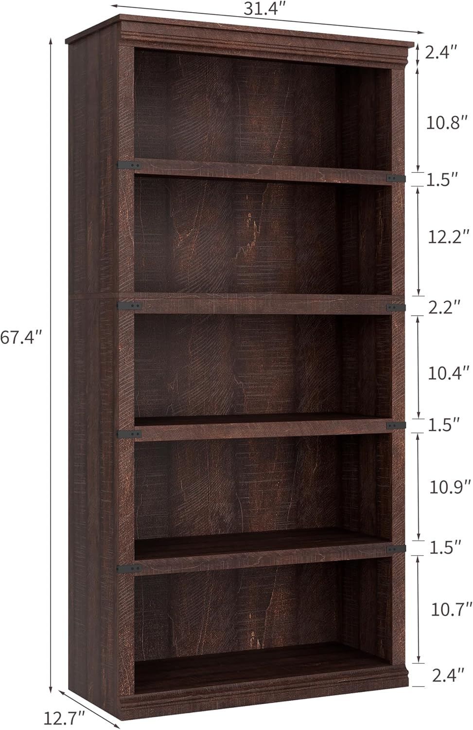 IDEALHOUSE 5 Tier Bookcase, Farmhouse Book Shelf with Storage Open Display Bookshelves, 67.4" Tall Book Case Wooden 5 Shelf Bookcase Home Decor Furniture for Home Office, Living Room- Reddish Brown
