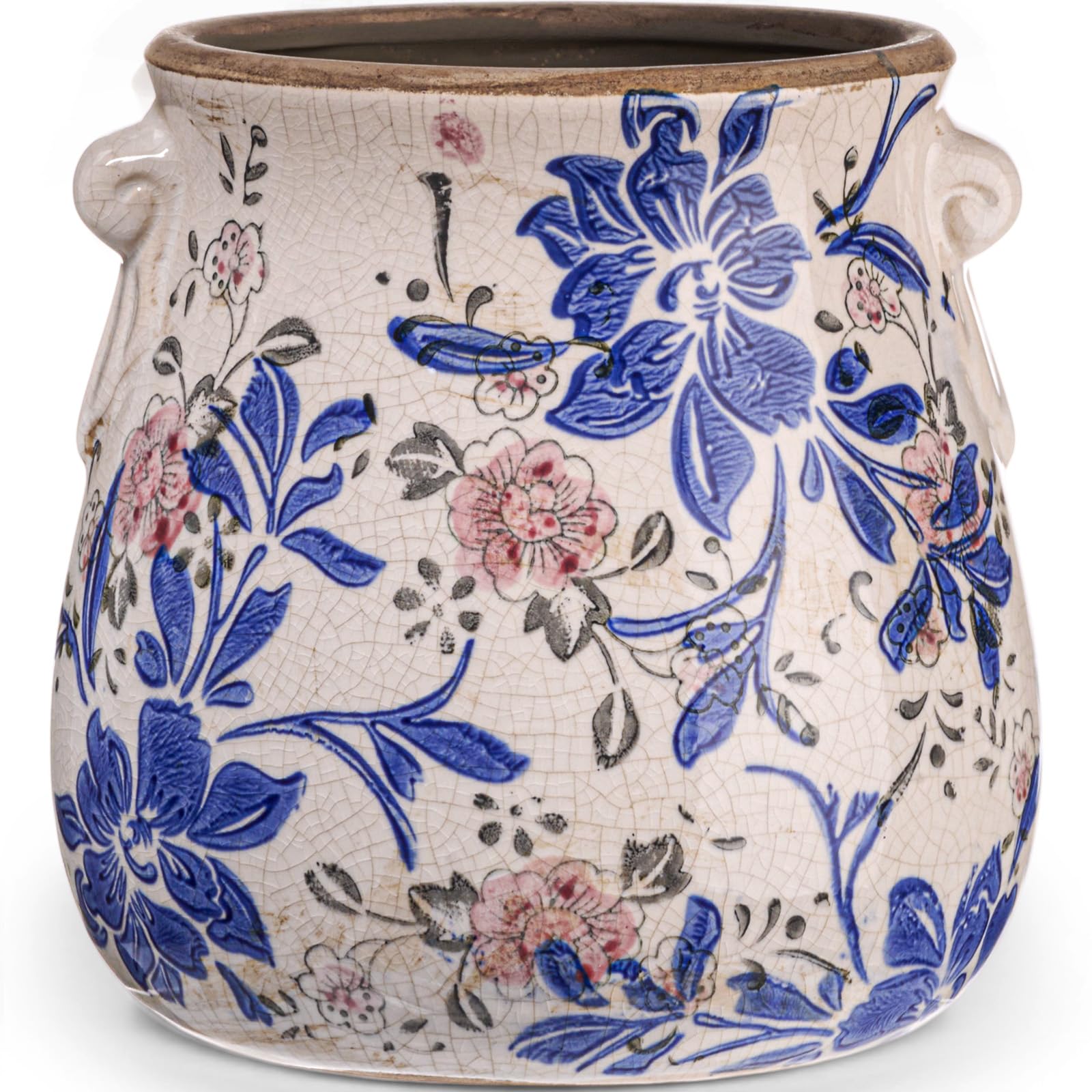 Ceramic Scroll Planter 6.5 Inch Chinoiserie Floral Vase with Drainage Holes Vintage Flower Vase Flower Pot Rustic Ceramic Pots for Indoor Plants Garden Home Bookshelf Decor(Retro Gray)