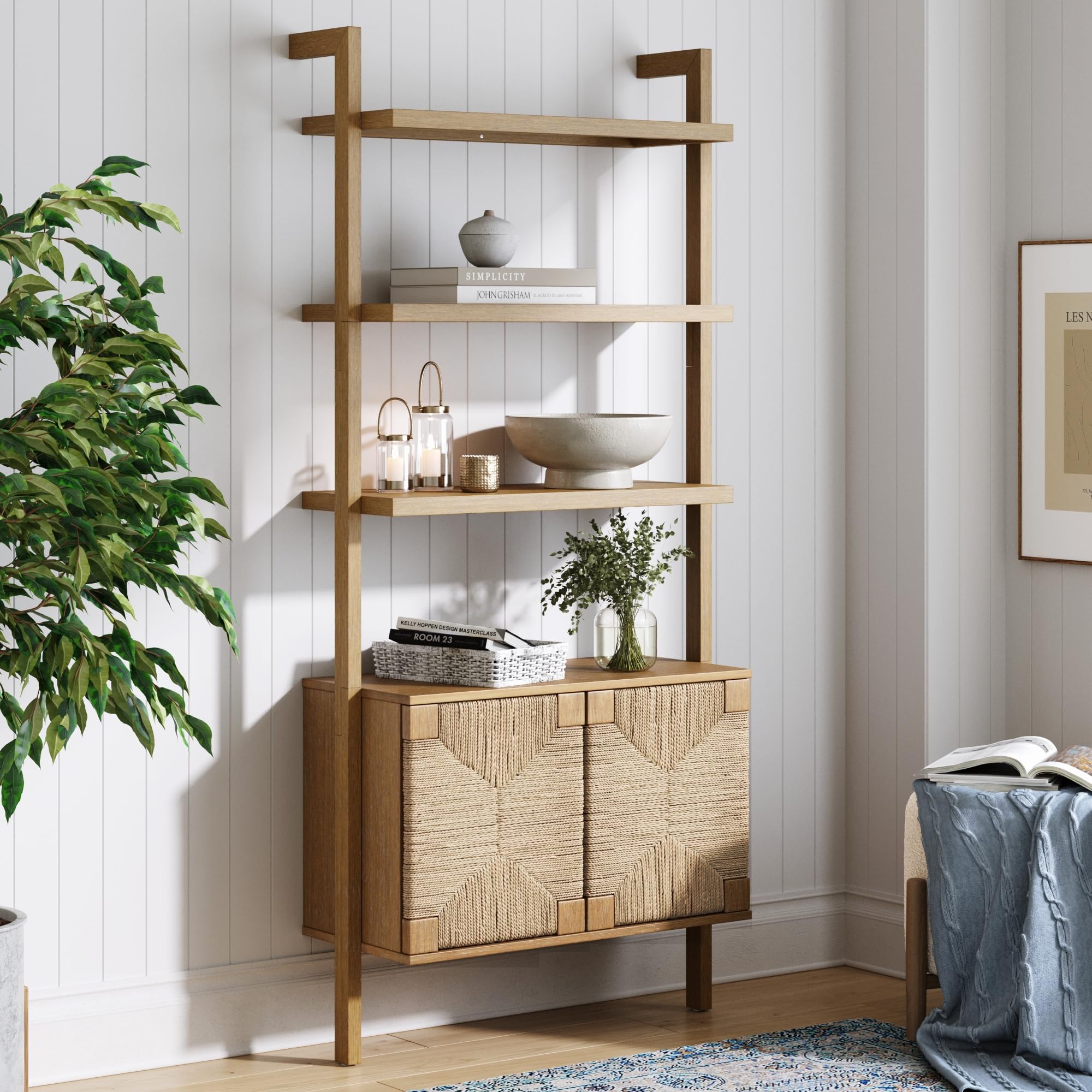 Nathan James Beacon Bohemian 5 Tier Bookshelf, Wall Mounted Bookcase, Solid Wood Bookshelf in Warm Pine
