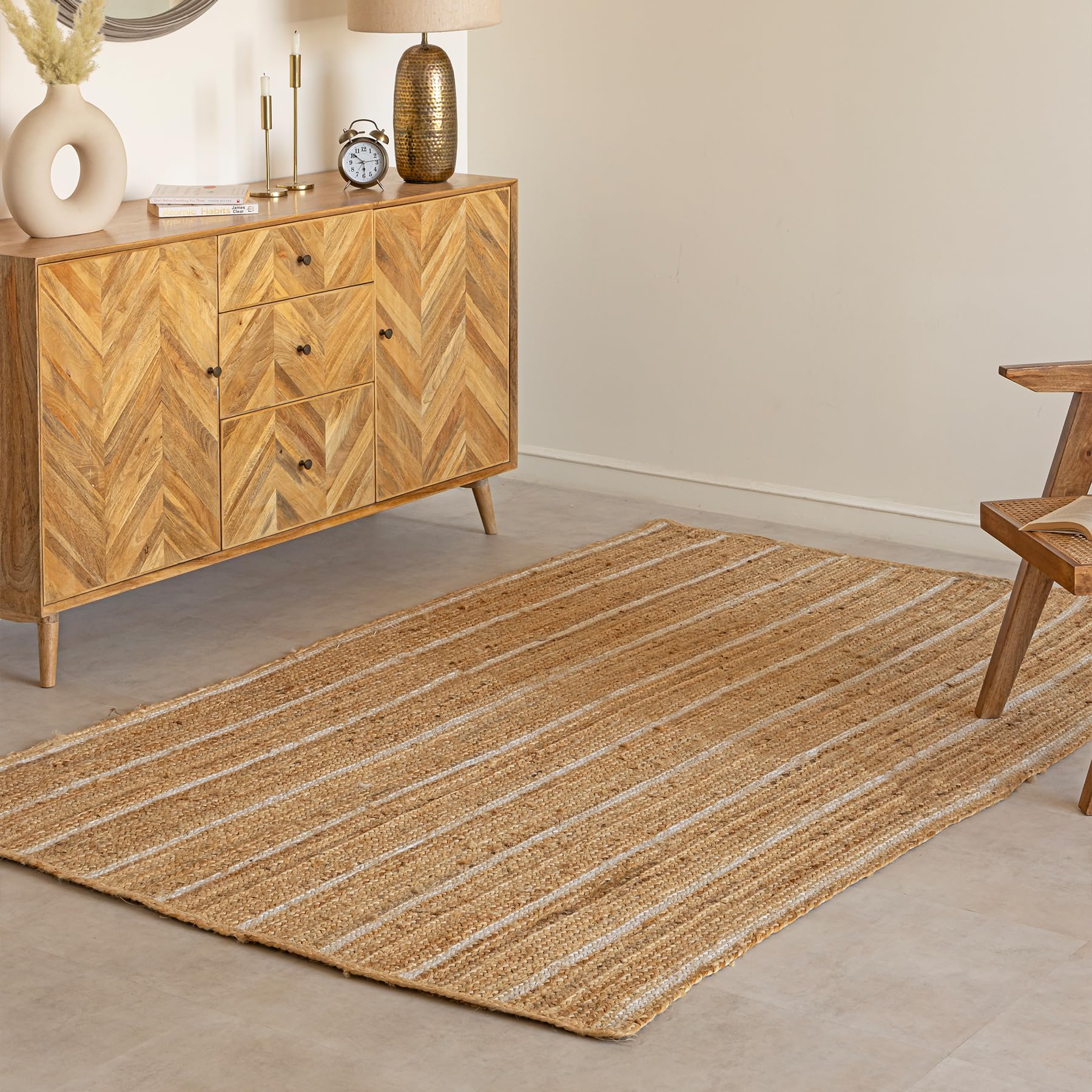 HOMEMONDE Natural Braided Jute Area Rug 4x6 ft - Off White Stripe Eco Friendly Premium Fiber - Hand Woven Rustic Vintage Reversible Carpet Rugs for Bedroom, Kitchen, Living Room and Dining Room