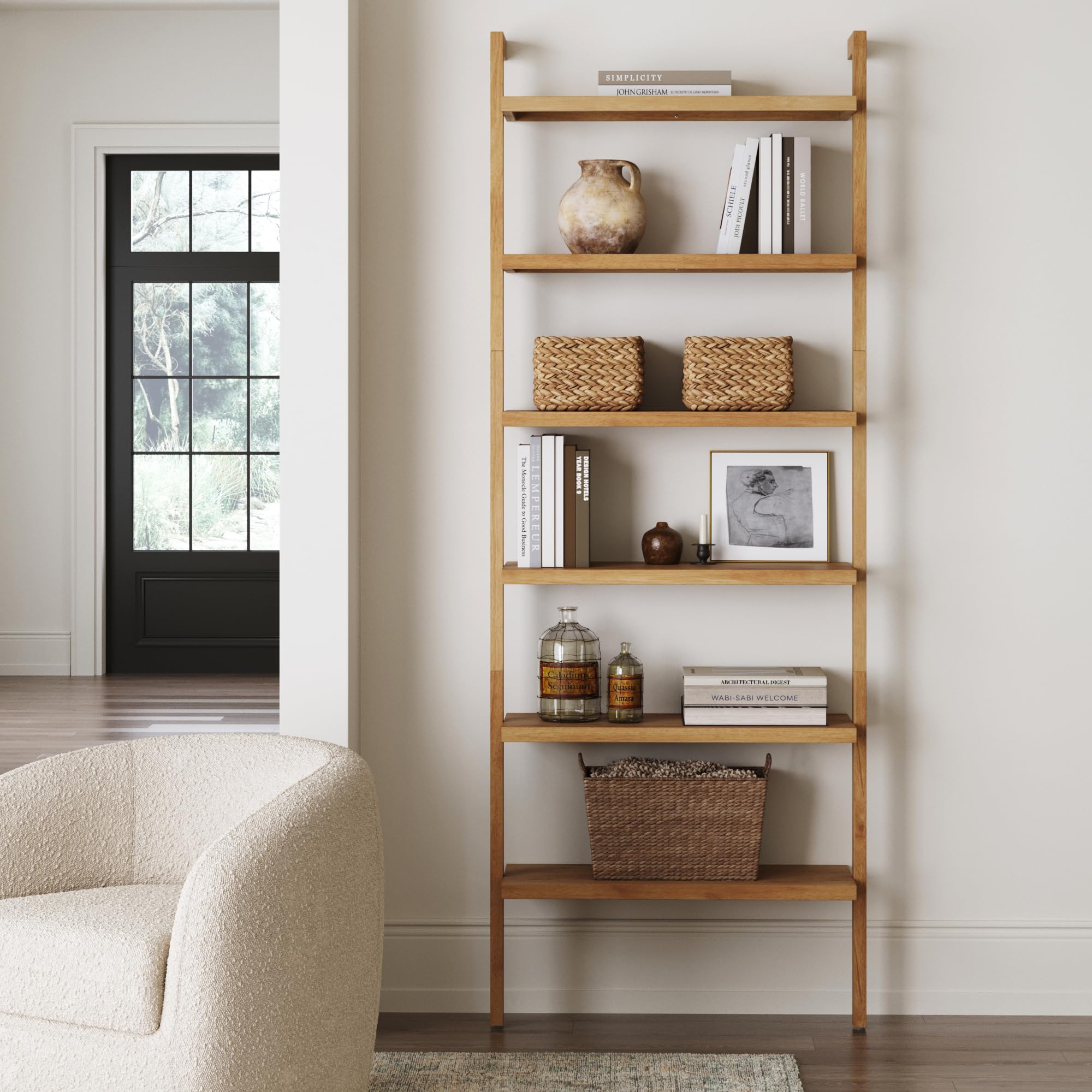Nathan James Beacon Bohemian 5 Tier Bookshelf, Wall Mounted Bookcase, Solid Wood Bookshelf in Warm Pine