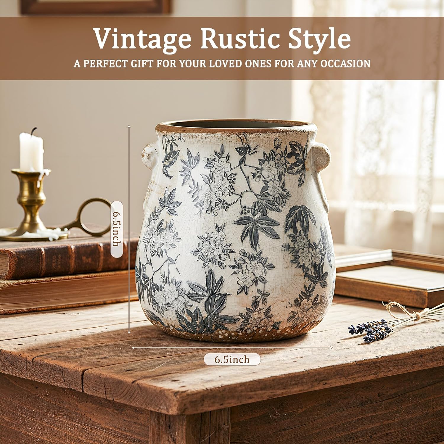 Ceramic Scroll Planter 6.5 Inch Chinoiserie Floral Vase with Drainage Holes Vintage Flower Vase Flower Pot Rustic Ceramic Pots for Indoor Plants Garden Home Bookshelf Decor(Retro Gray)