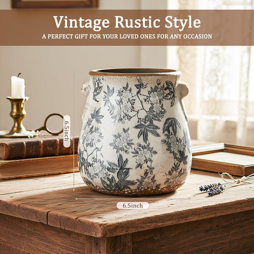 Ceramic Scroll Planter 6.5 Inch Chinoiserie Floral Vase with Drainage Holes Vintage Flower Vase Flower Pot Rustic Ceramic Pots for Indoor Plants Garden Home Bookshelf Decor(Retro Gray)