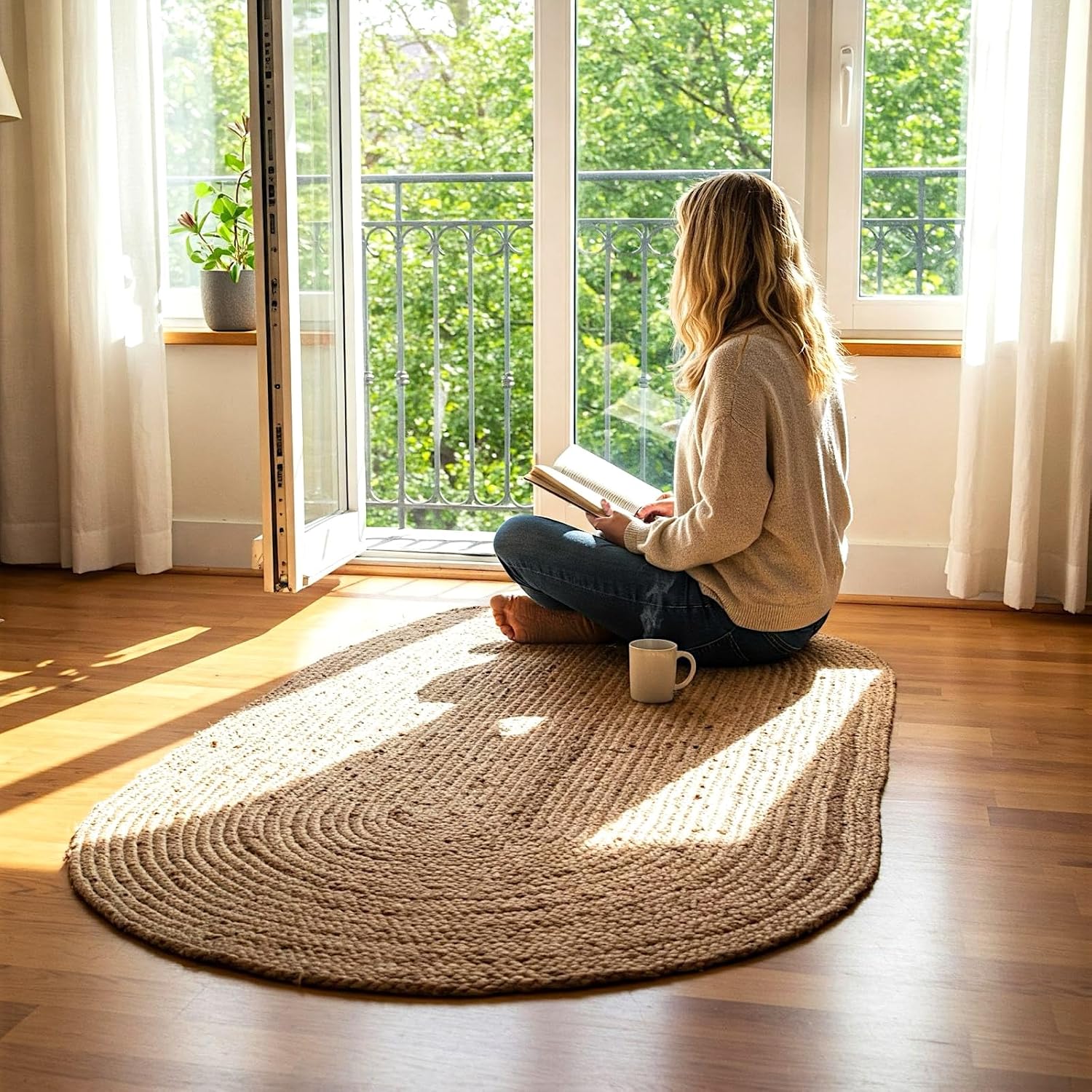 Premium Handwoven Jute Oval Rug 3x5 - Braided Boho Non Slip Half Circle Rug for Entryway, Dining, Bedroom, Kitchen & Office - Natural Farmhouse Decor