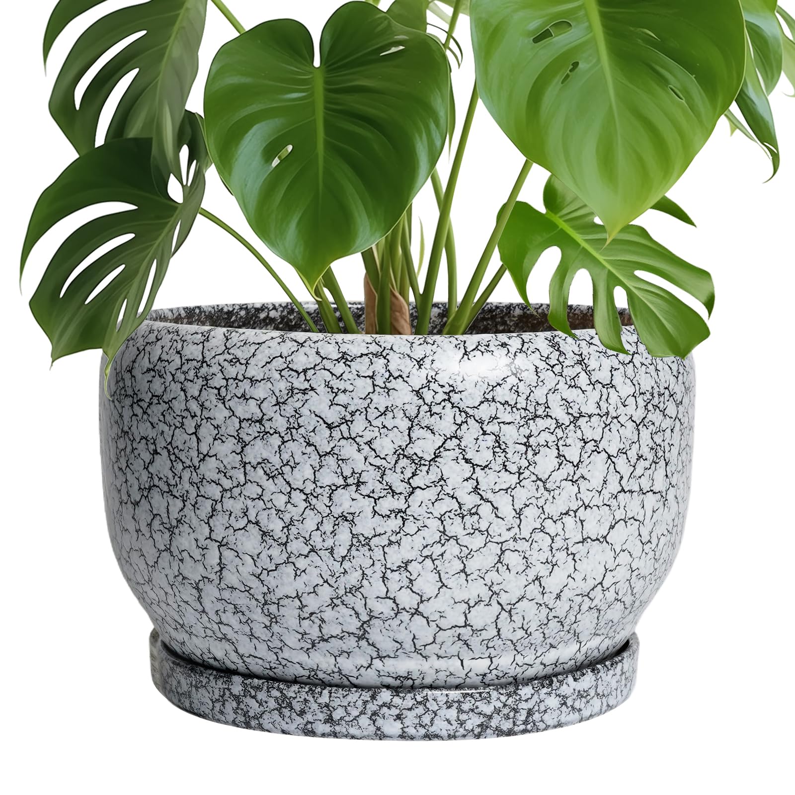 SQOWL Ceramic Planter 8 Inch - Pot for Indoor Outdoor Plants Round Ceramic Plant Pot with Drainage Hole and Saucer Modern Flower Pot Glazed Blue