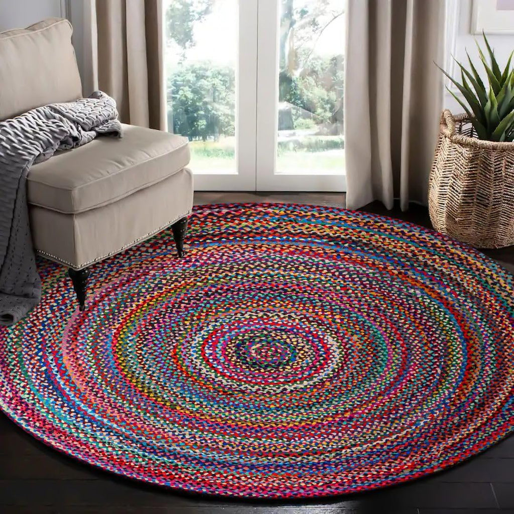 WeWove Hand Woven Area Rug 8 Feet Round - Cotton Area Rug Rustic Farmhouse Boho Accent Rug for Living Room Bedroom Kitchen Dorm Entryway Hallway - for High Traffic Areas Handcrafted Floor Rug