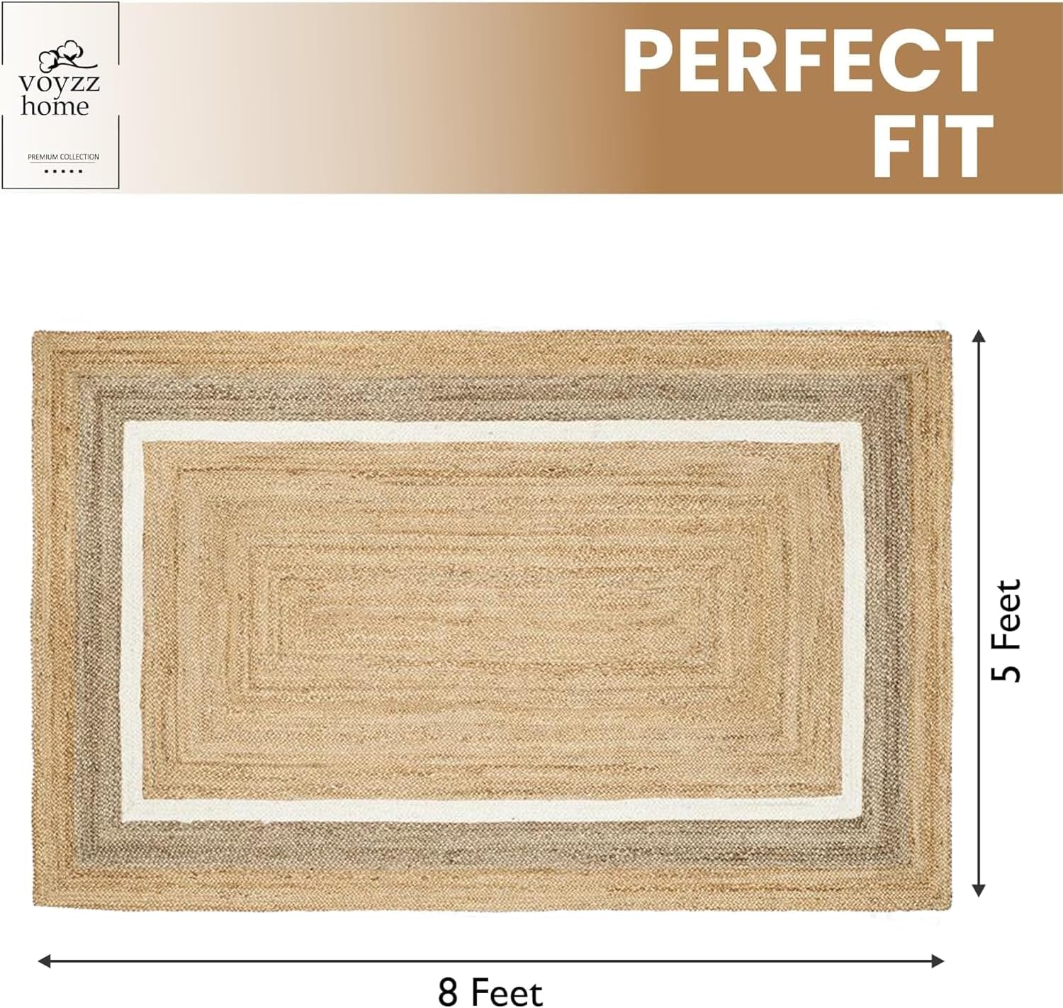 voyzz home 5X8 Feet-Rectangular, Premium Natural Jute High Traffic Braided Area Rug, Stain Resistance, Handmade Rug for Entryways,Living Room,Dining Room,Bedroom,Farmhouse (Natural & Grey & Ivory)