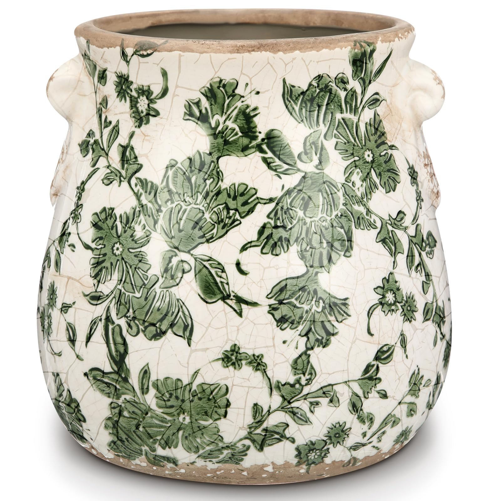 Ceramic Scroll Planter 6.5 Inch Chinoiserie Floral Vase with Drainage Holes Vintage Flower Vase Flower Pot Rustic Ceramic Pots for Indoor Plants Garden Home Bookshelf Decor(Retro Gray)