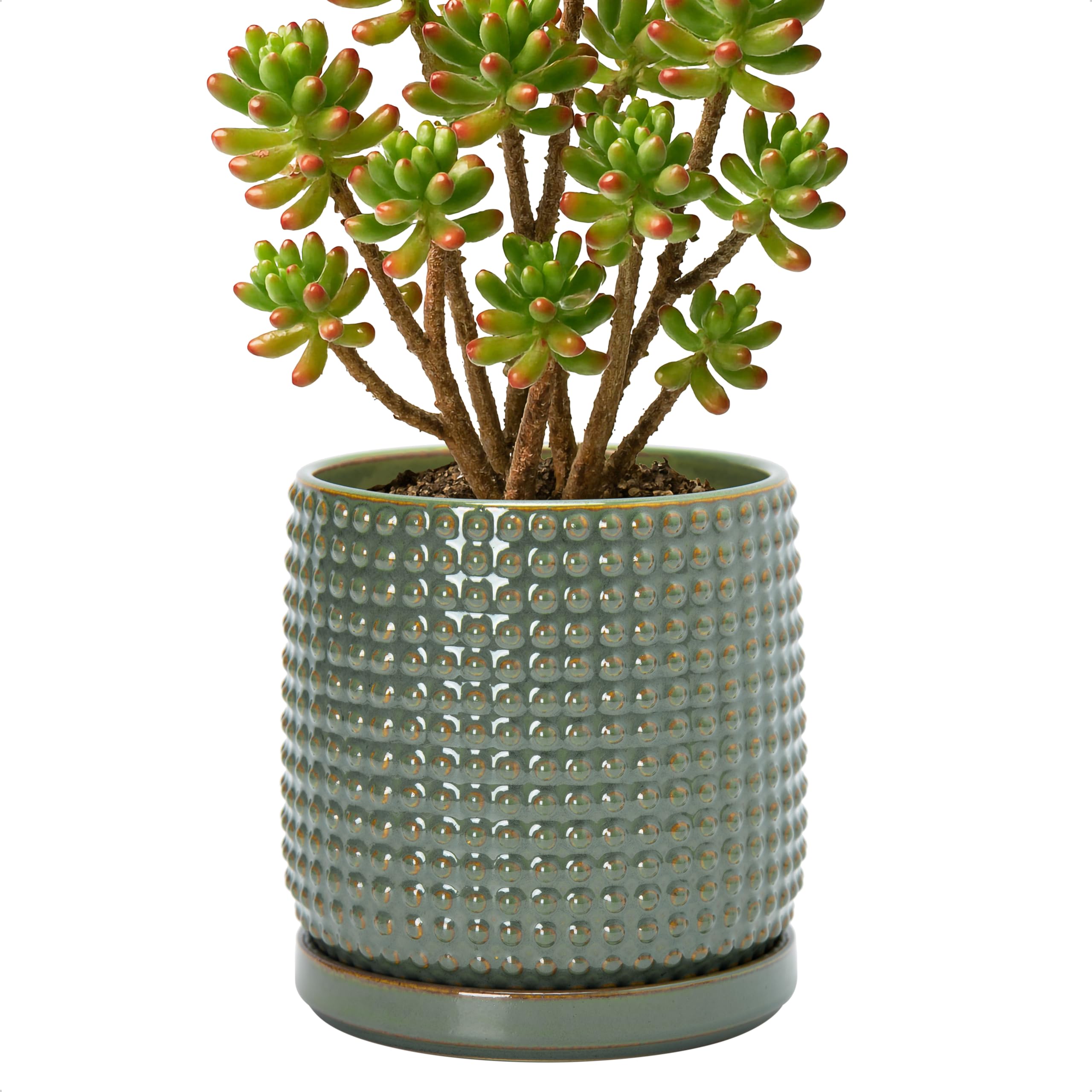 D'vine Dev 4 Inch Ceramic Beaded Stoneware Planter Pot - Flower Pot with Drainage Holes and Saucers for Indoor Succulent Plants or Flowers, Smoked White, 27-C-Z-1