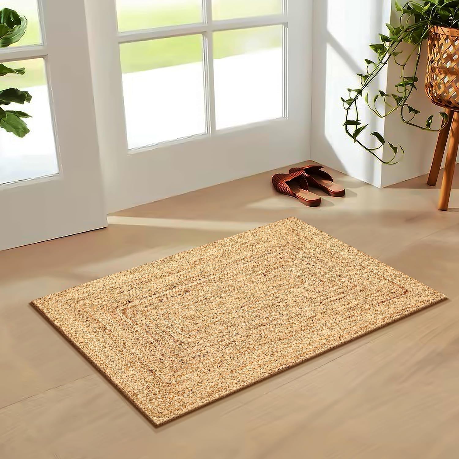 FRELISH DECOR Handwoven Jute Area Rug - 2x3 feet - Natural Yarn - Rustic Vintage Beige Braided Reversible Rug - Eco Friendly Rugs for Bedroom - Kitchen - Living Room - Farmhouse (2'x3')