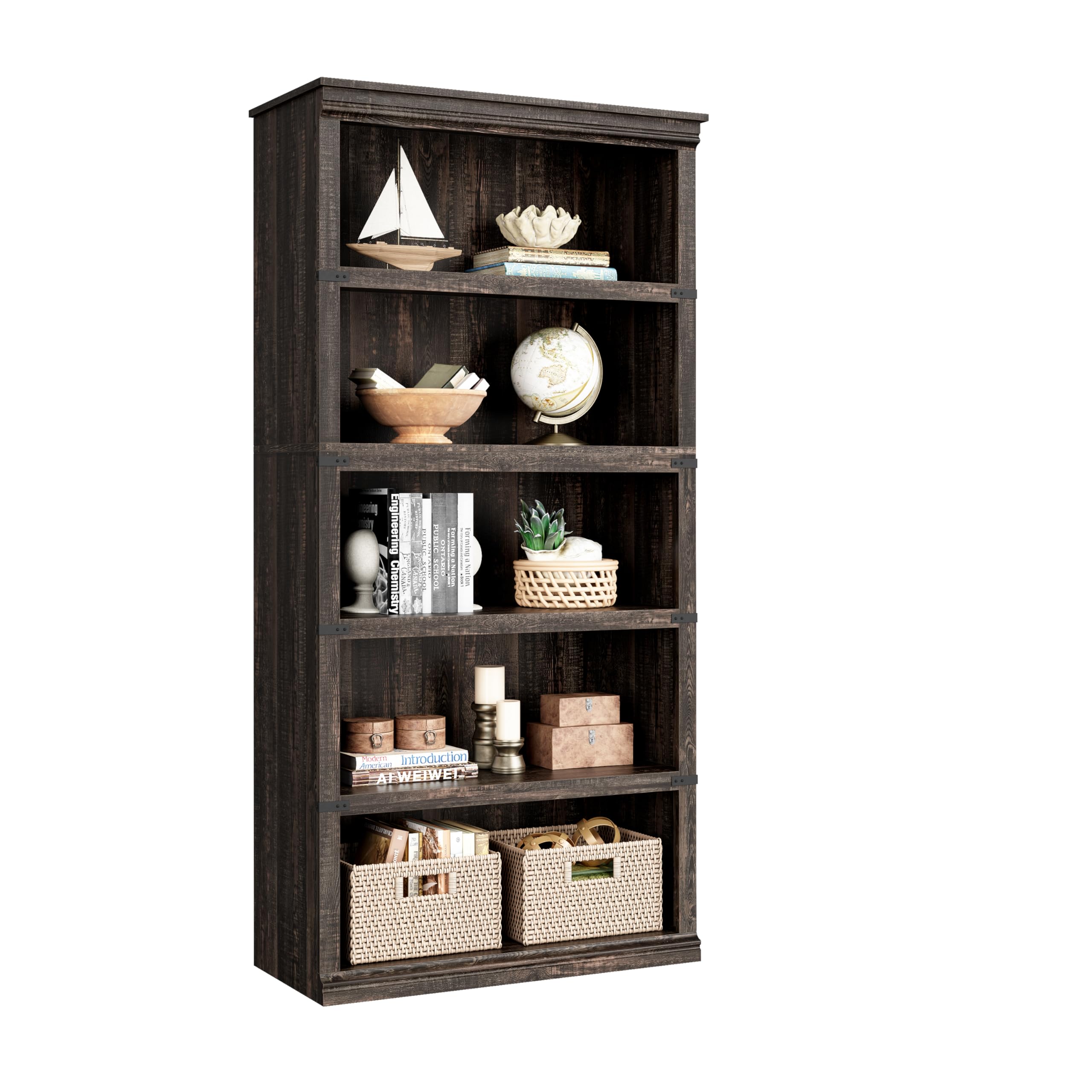 IDEALHOUSE 5 Tier Bookcase, Farmhouse Book Shelf with Storage Open Display Bookshelves, 67.4" Tall Book Case Wooden 5 Shelf Bookcase Home Decor Furniture for Home Office, Living Room- Reddish Brown