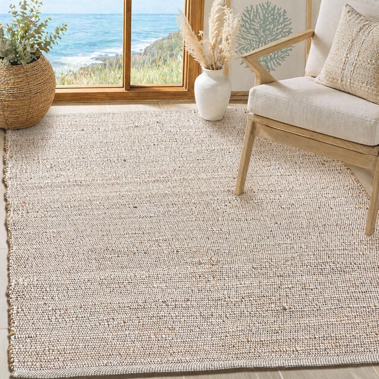 Chardin home 5x7 Jute Cotton Hand Woven Area Rug, Natural Jute Braided Boho Farmhouse Rug, Rustic Vintage Reversible Natural Fiber Rug for Living Room, Bedroom, Dining Room, Office, or Entryway.