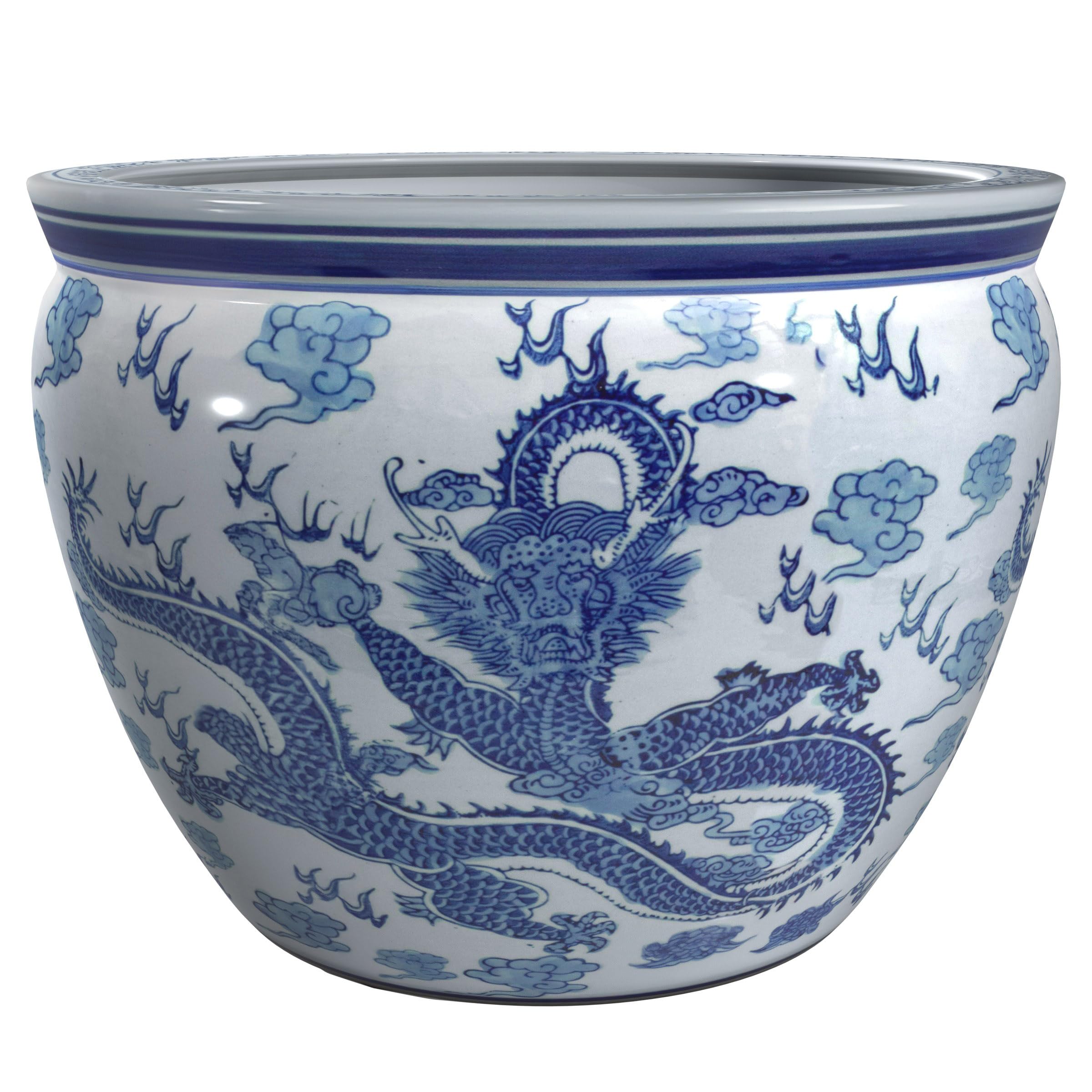 Red Lantern 14" Floral Blue & White Porcelain Fishbowl Planter or Cachepot for Indoor/Outdoor Use in Garden Entryway Living Room Boho Eclectic Modern Contemporary Classic Traditional Style Decor