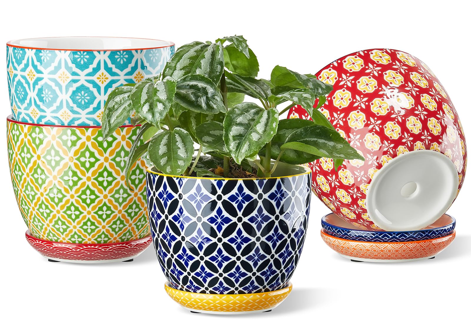 Metahom Ceramic Plant Pots, 4.9 Inch Flower Pots with Drainage Hole & Saucer, Colorful Planter Pots for Houseplants, Succulent, Catus, Home Decor, Set of 4, Vibrant Colors